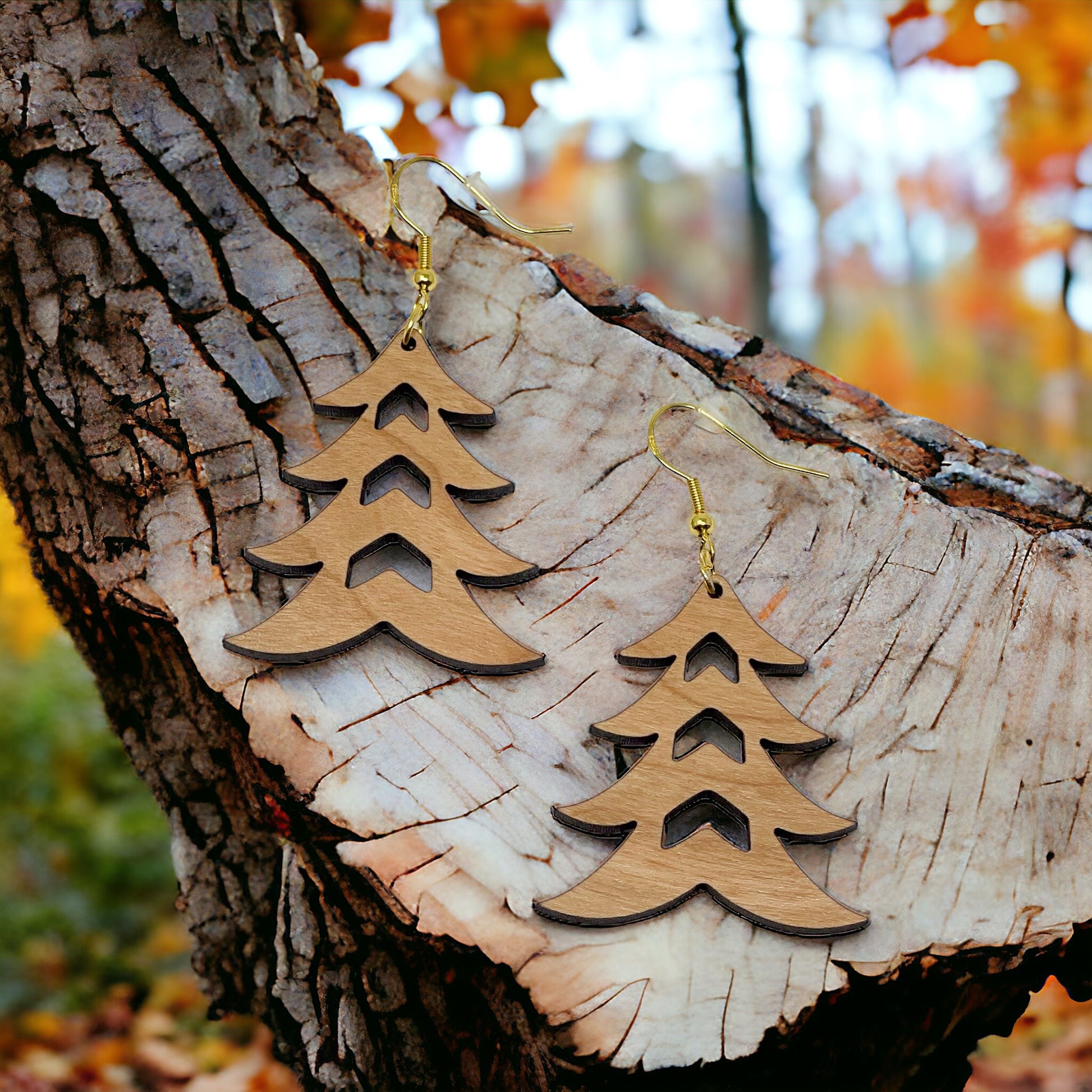 Rustic Tree Cutout Earrings – Wooden Christmas Tree Dangle Earrings