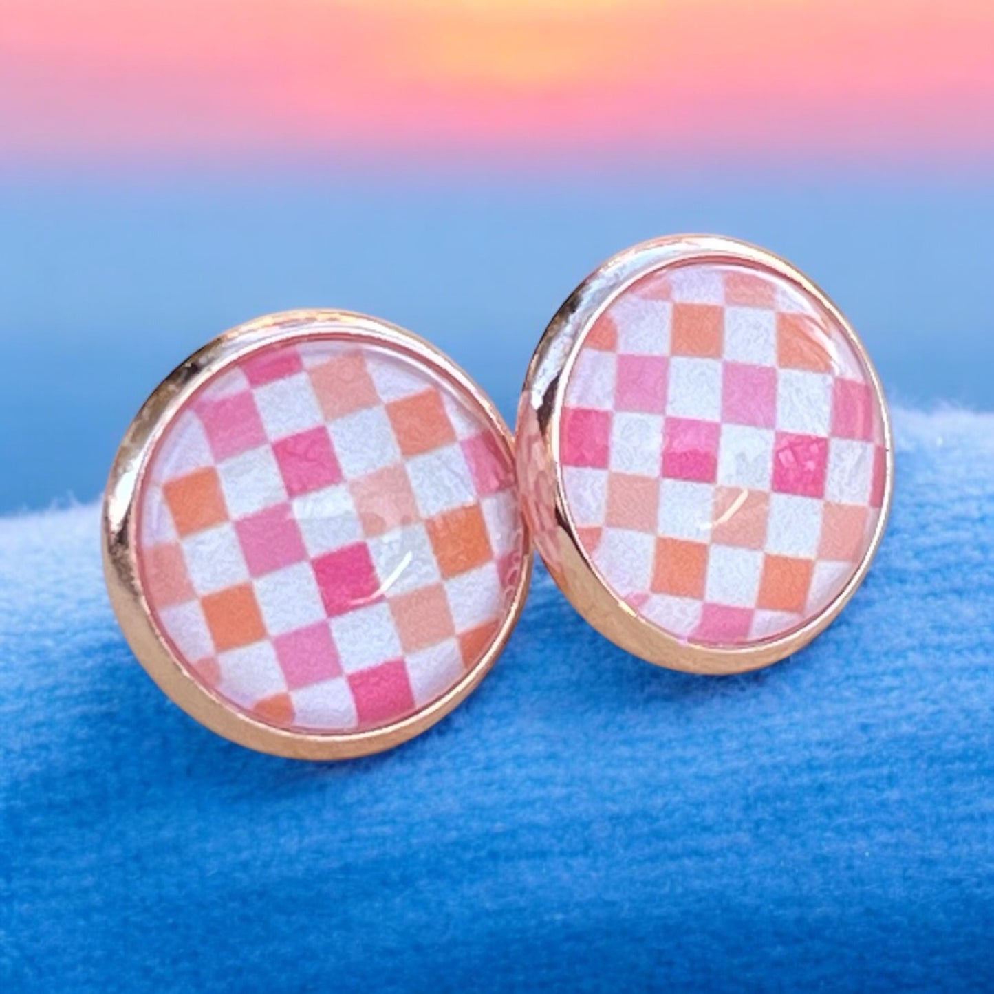 Pink & Orange Gingham Stud Earrings – Handmade Spring Jewelry