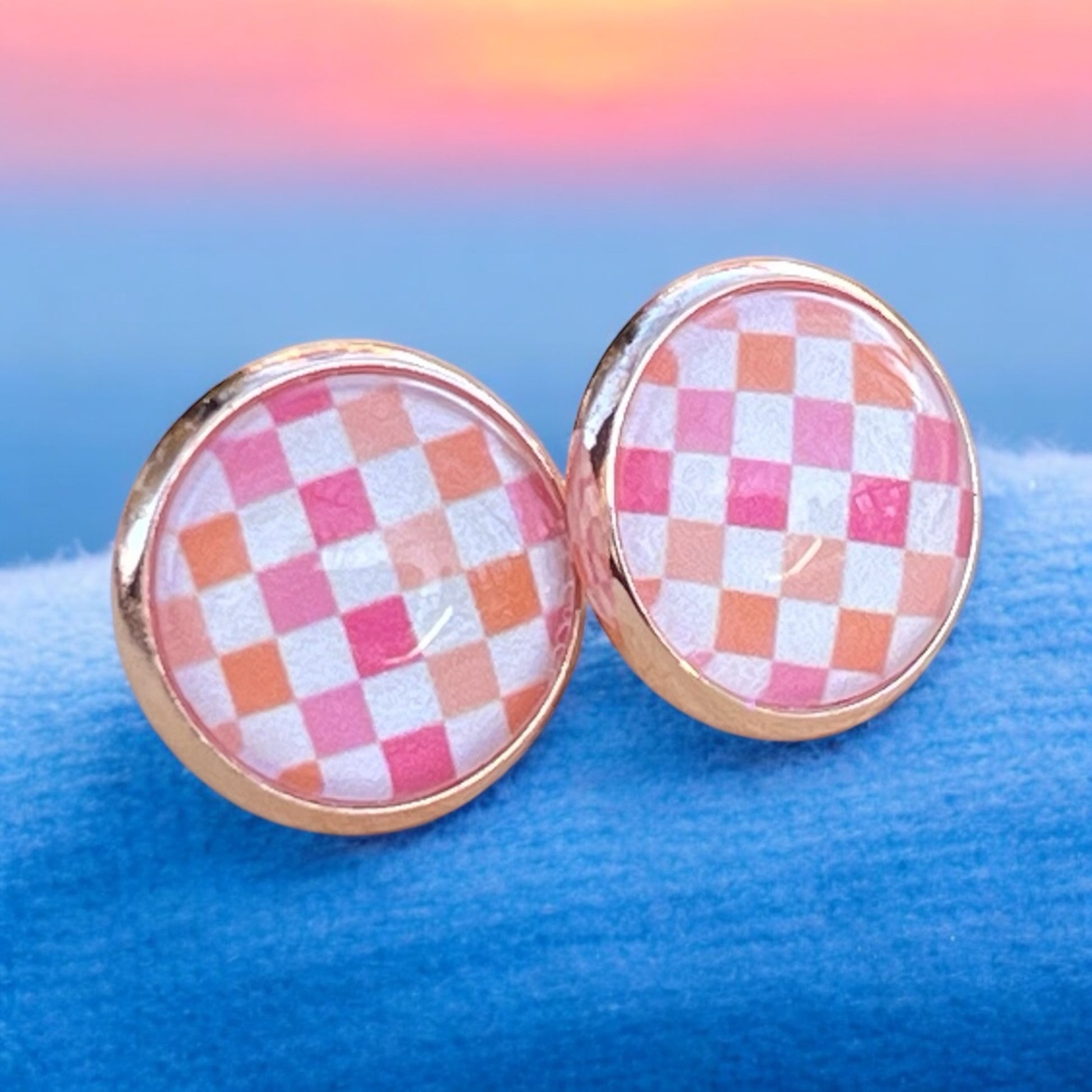 Pink & Orange Gingham Stud Earrings – Handmade Spring Jewelry