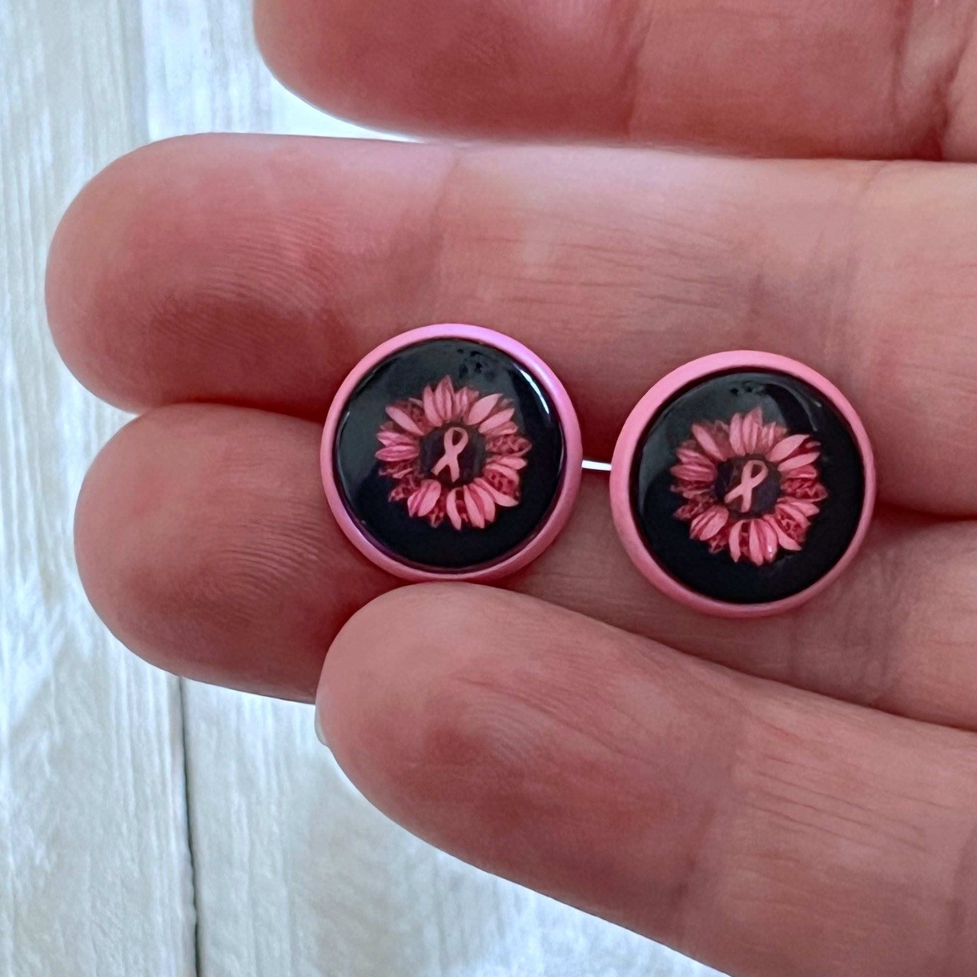 Pink Flower & Ribbon Stud Earrings – Breast Cancer Awareness Jewelry