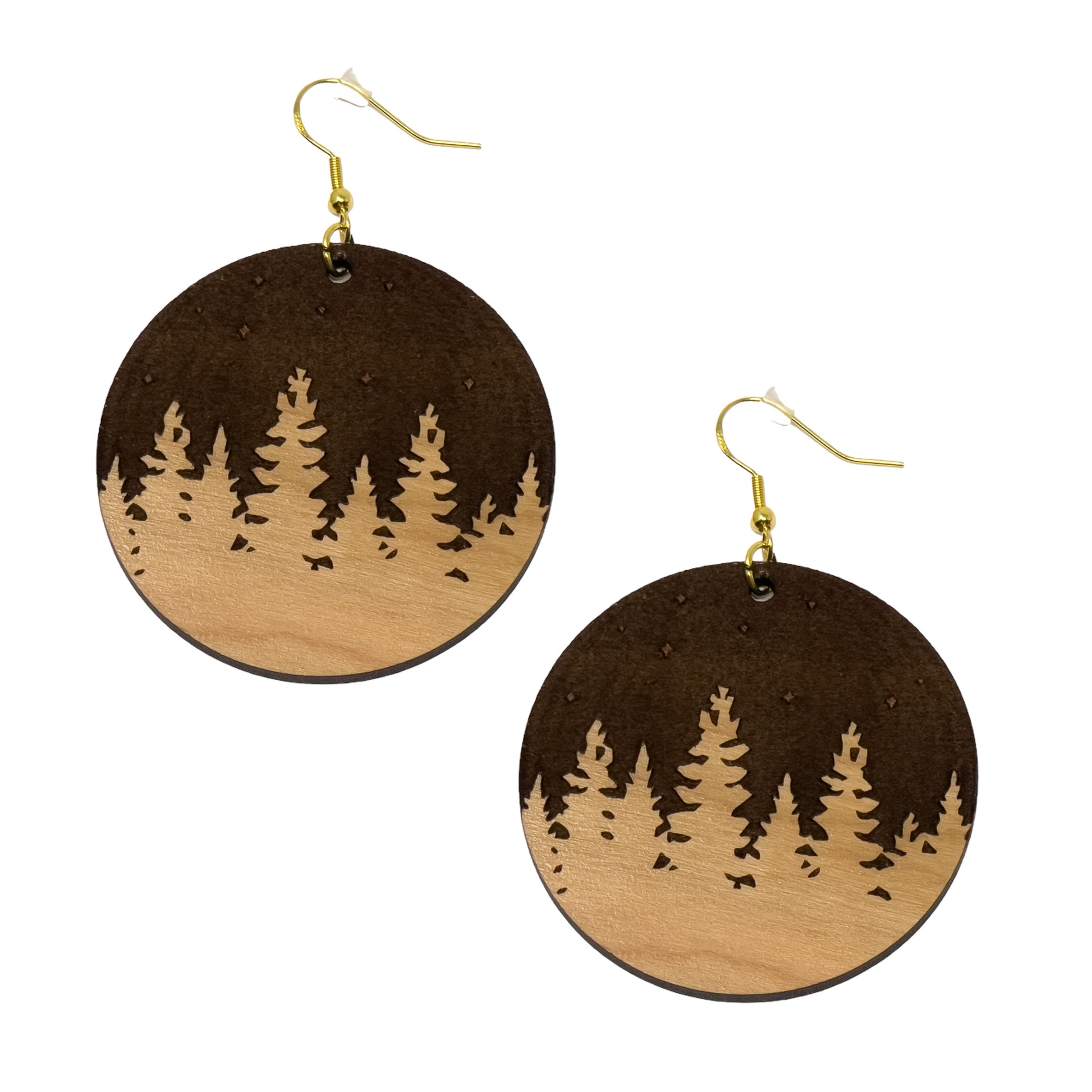 Starry Forest Circle Earrings – Dark Wood Nighttime Tree Line Jewelry