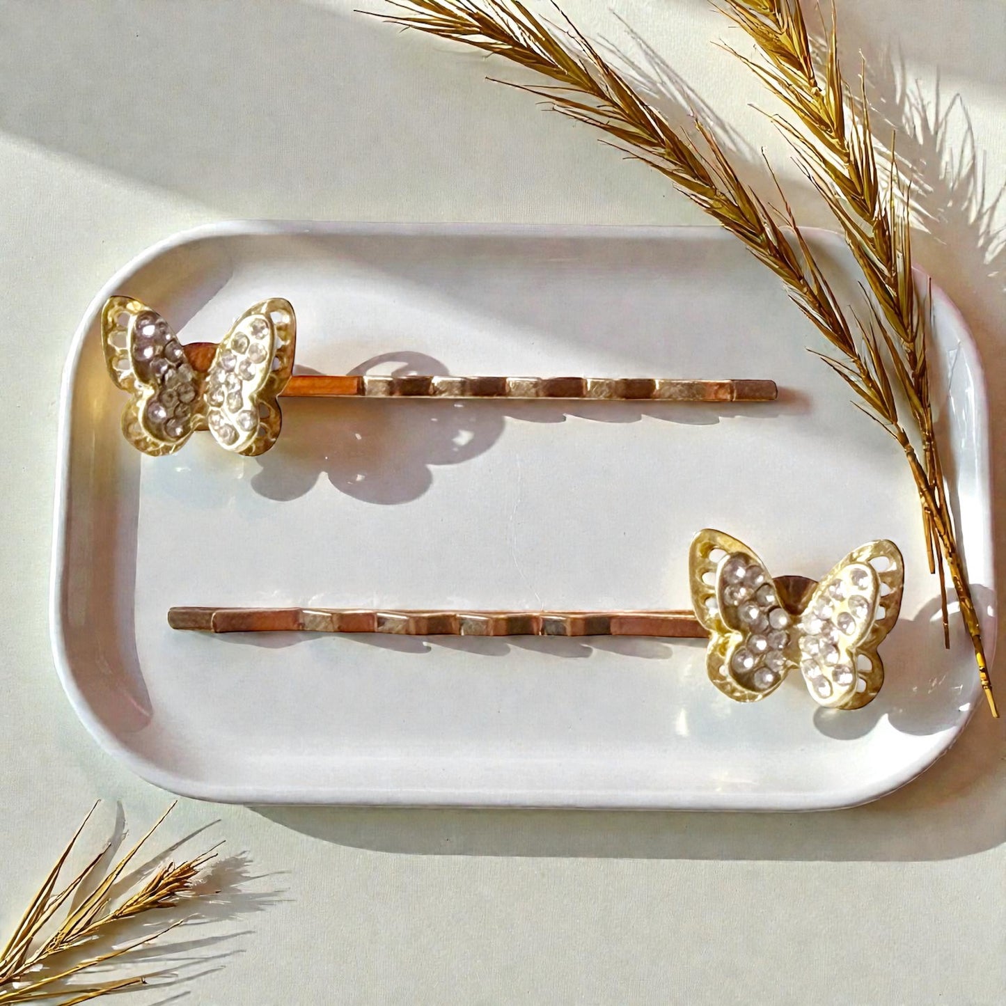 Gold Butterfly Hair Pins – Sparkly Rhinestone Wedding Clips for Women
