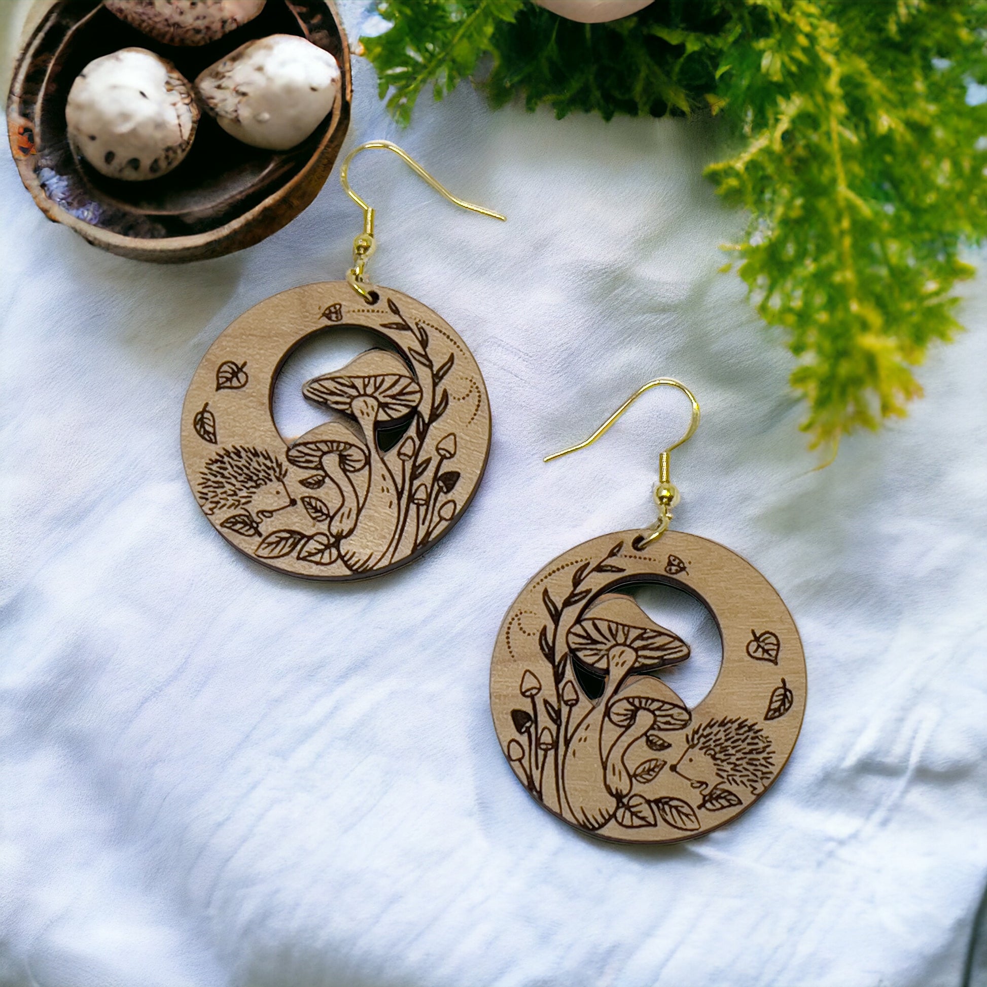 Hedgehog & Mushroom Wood Earrings – Whimsical Forest Jewelry