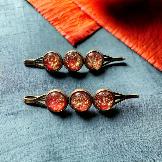 Fiery Red & Gold Foil Hair Pins – Set of 2 Celestial Statement Accessories