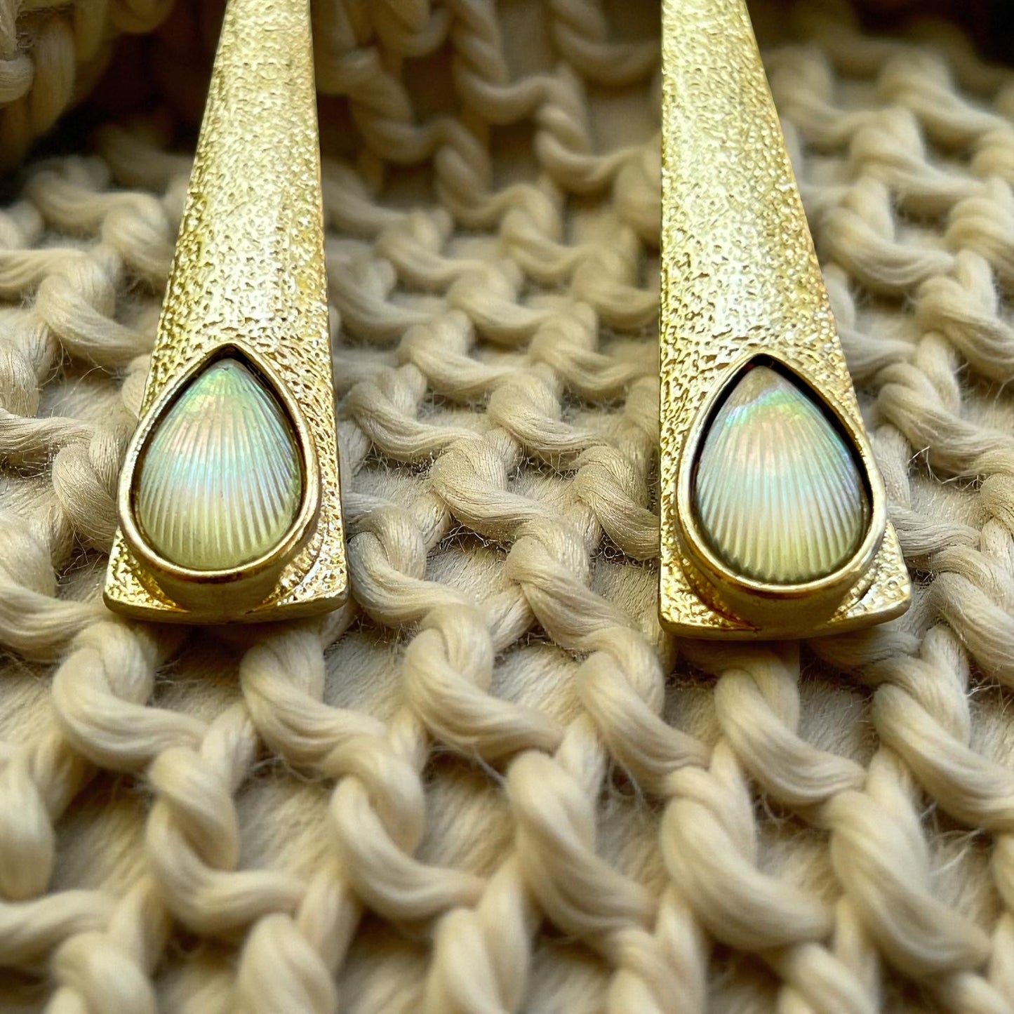Textured Gold Teardrop Earrings – Iridescent Shell Dangles