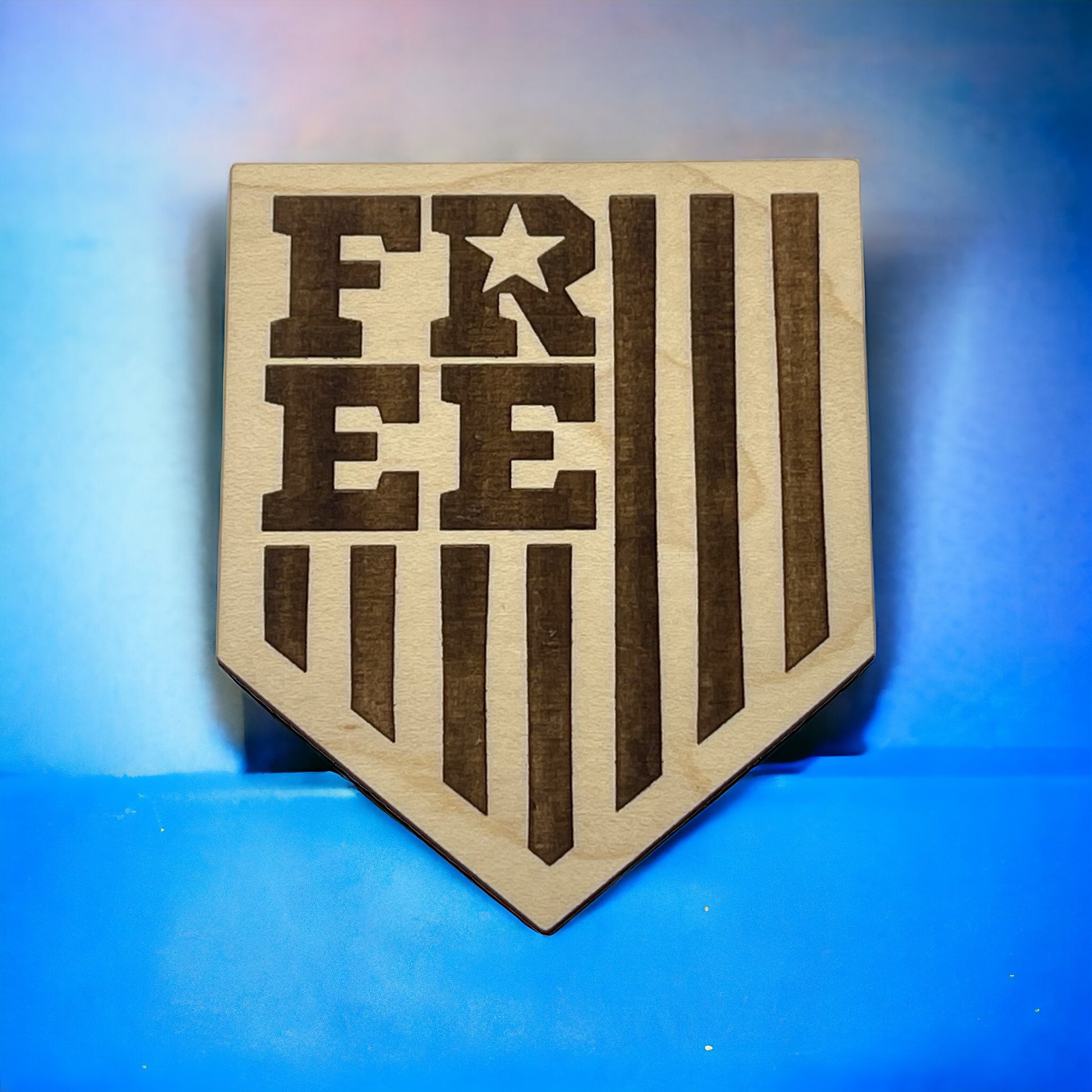 Bold Free Shield Magnet – Patriotic Wooden Decor Gift
