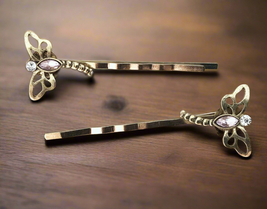 Gold-Toned Dragonfly with Pink Rhinestones Bobby Pin