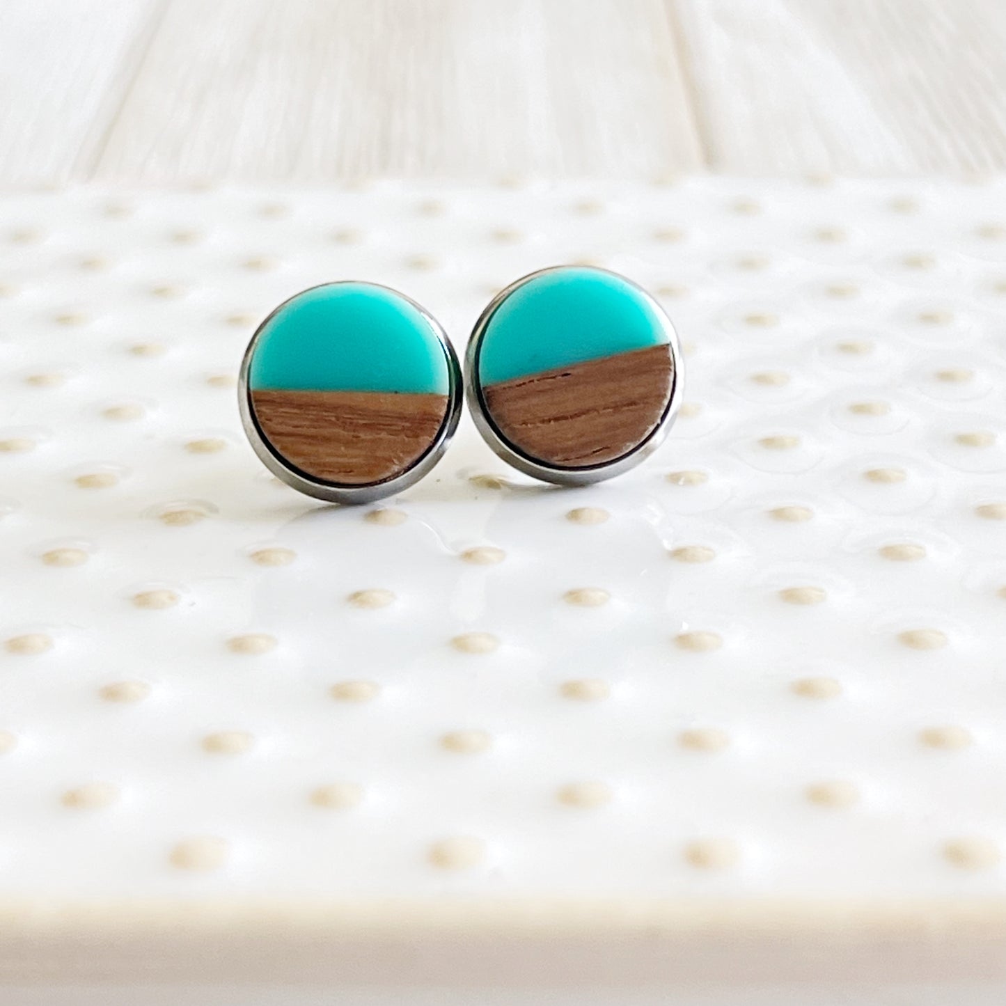Turquoise & Wood Stud Earrings – Modern Coastal Resin Jewelry in Silver Bezel