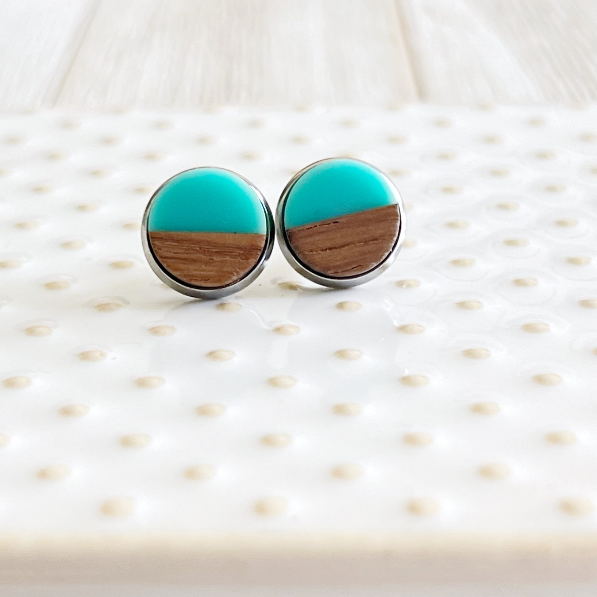 Turquoise & Wood Stud Earrings – Modern Coastal Resin Jewelry in Silver Bezel
