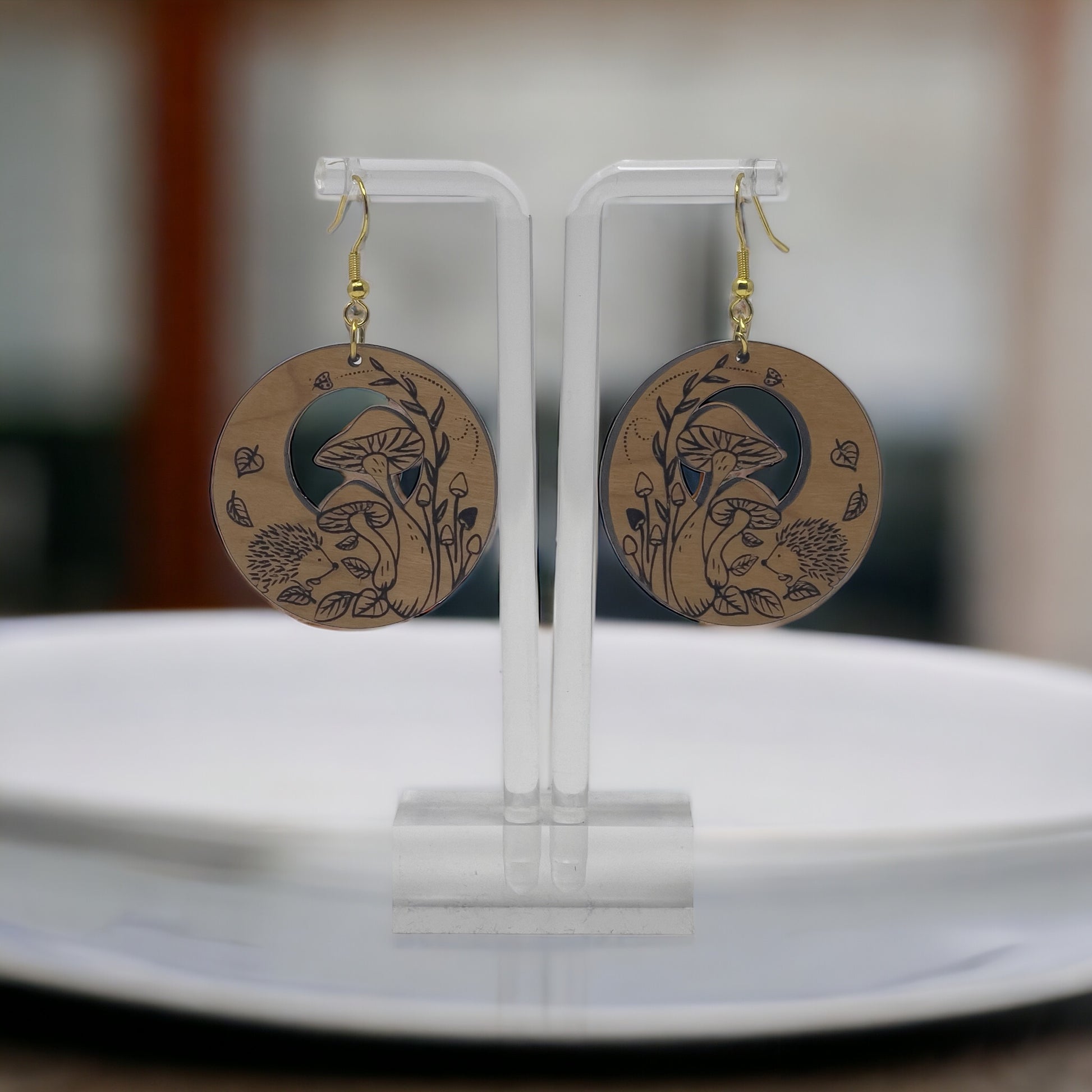 Hedgehog & Mushroom Wood Earrings – Whimsical Forest Jewelry