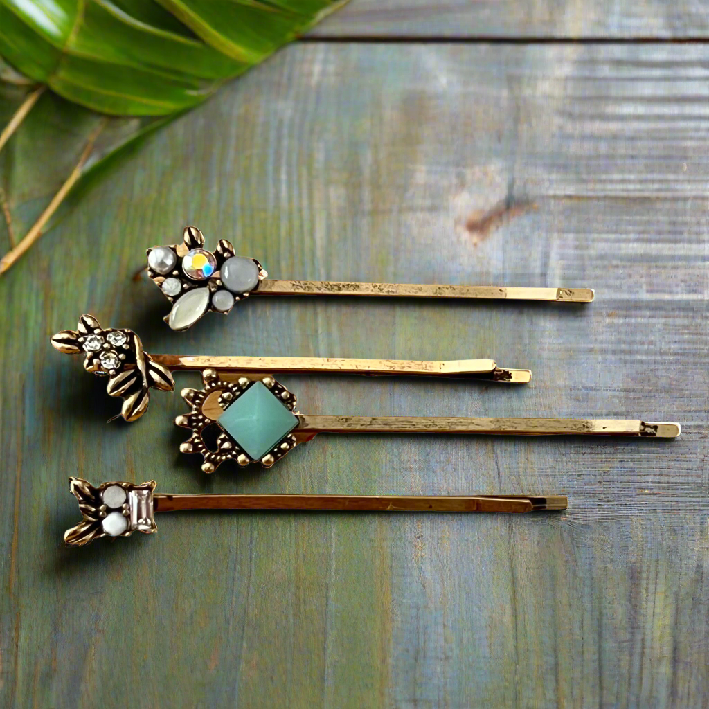Gold Gemstone Hair Pins – Set of 4 Elegant Accessories
