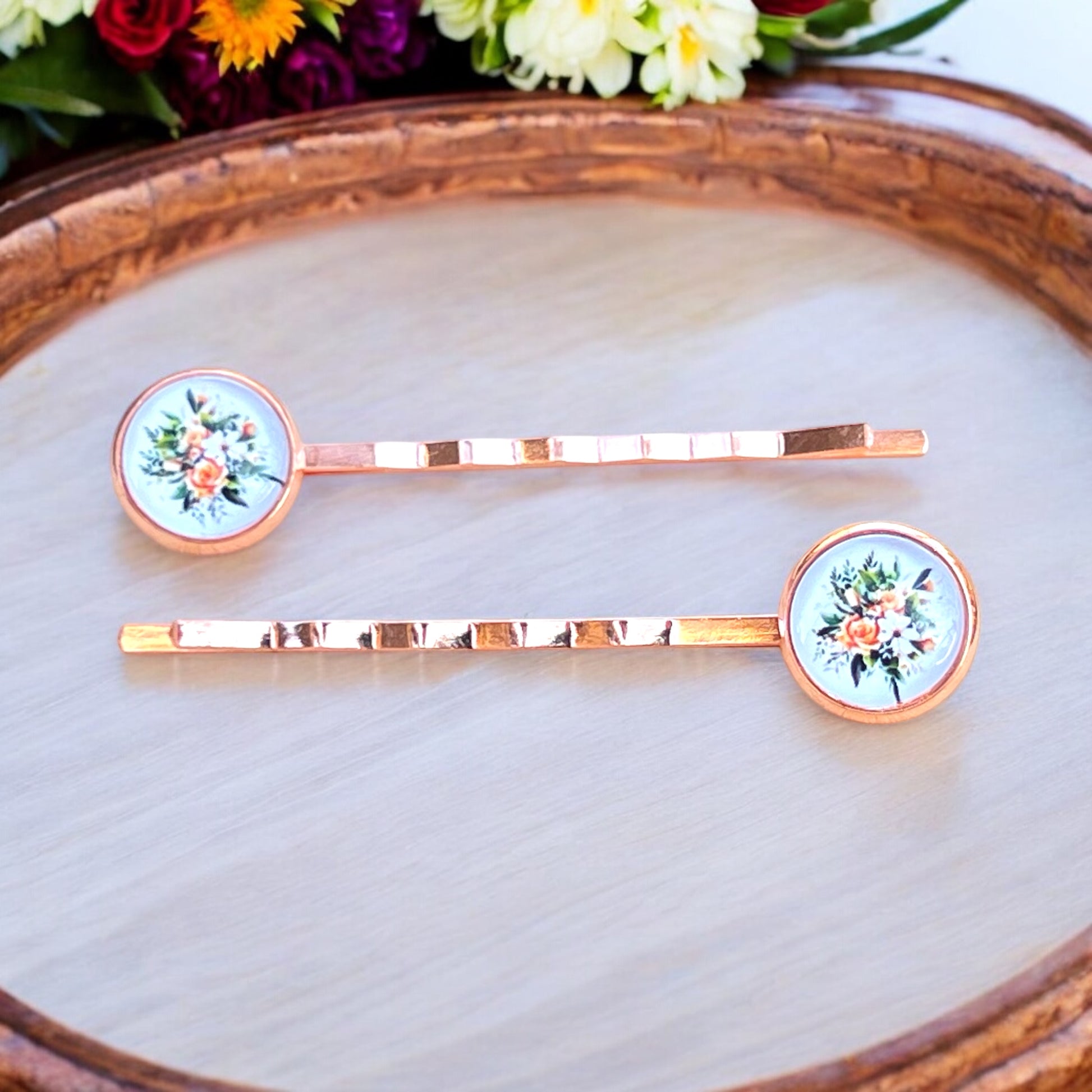 Rose Gold Floral Hair Pins – Set of 2 Vintage Cottagecore Accessories