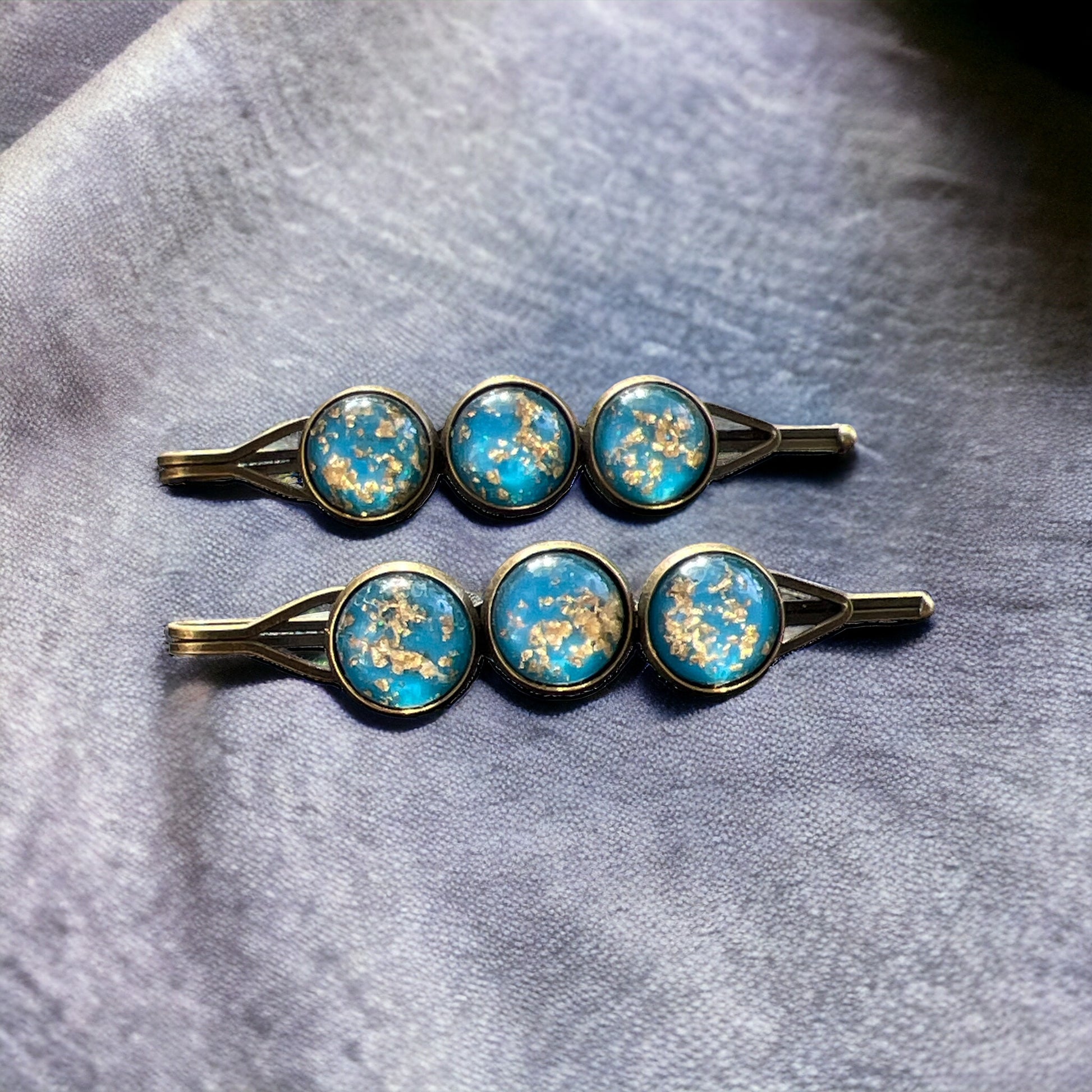 Sky Blue & Gold Foil Hair Pins – Set of 2 Celestial Hair Accessories