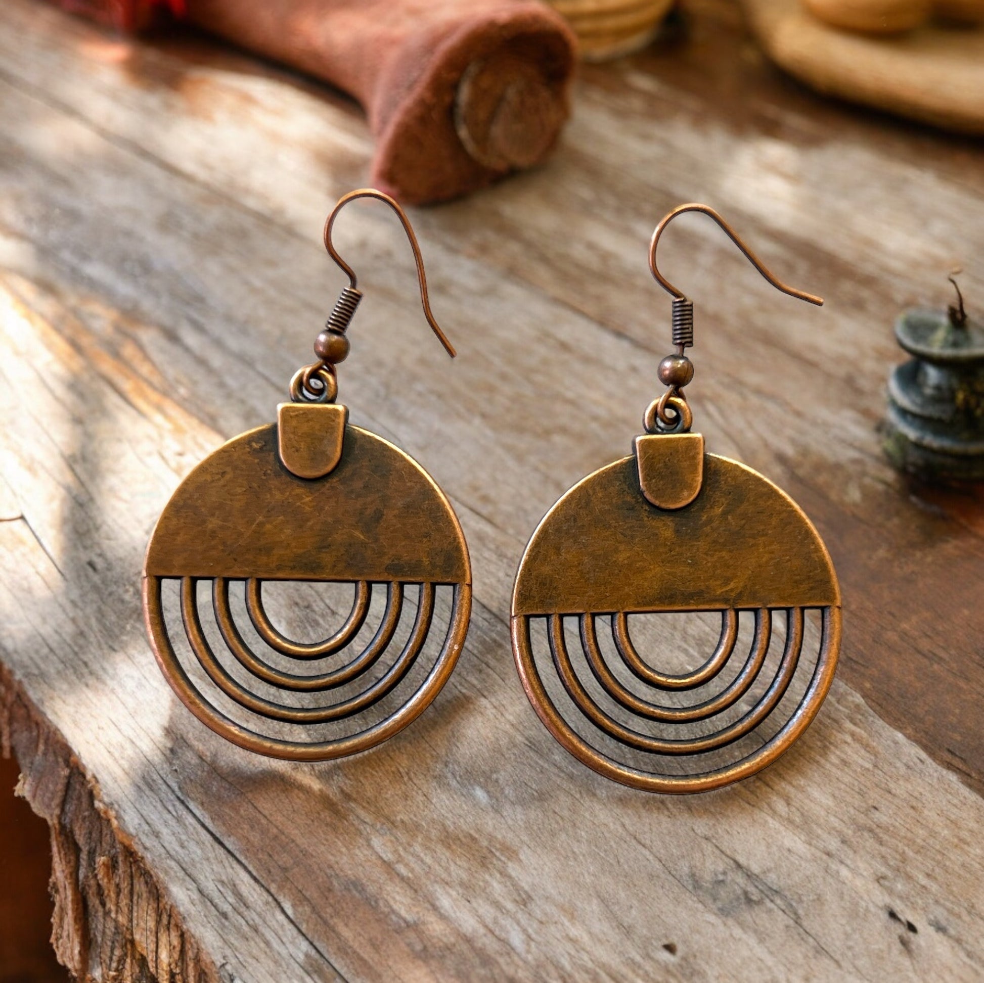 Geometric Copper Dangle Earrings – Boho Chic Round Design