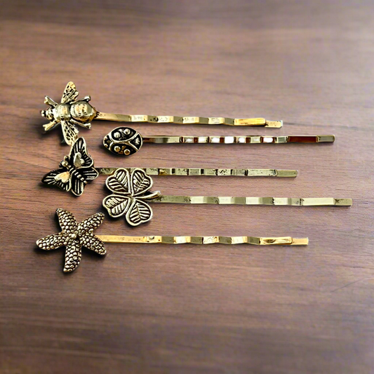 Whimsical Nature Hair Pin Set – Gold Bobby Pins with Bee, Starfish & Clover Charms