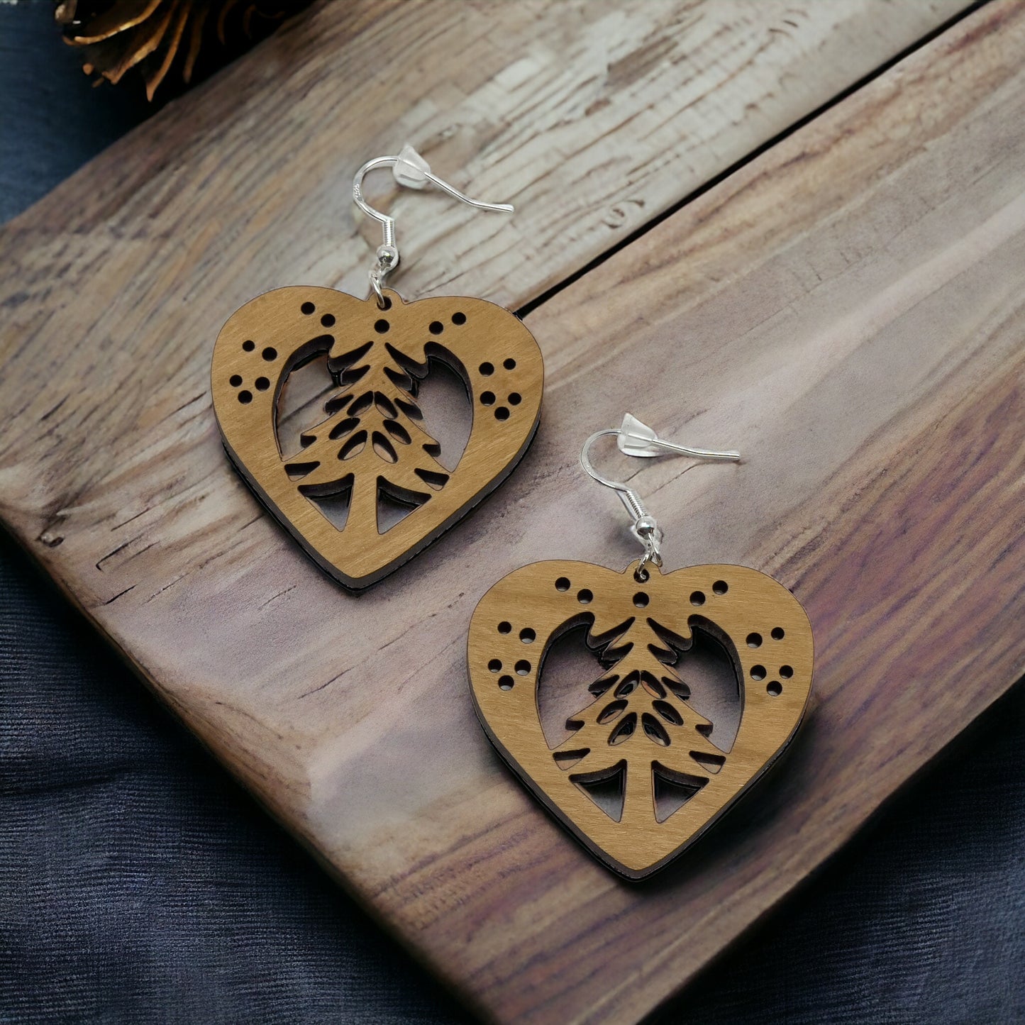 Heart Tree Cutout Earrings – Wooden Christmas Forest Dangles with Gold Hooks
