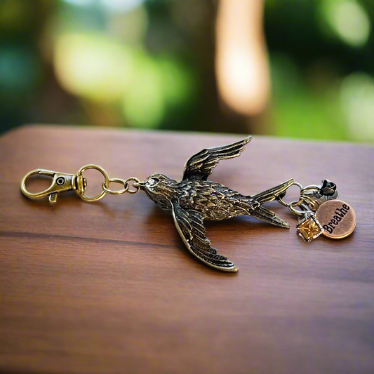 Bird Purse Keychain Charm with Breathe, Rhinestone & Flower Accents