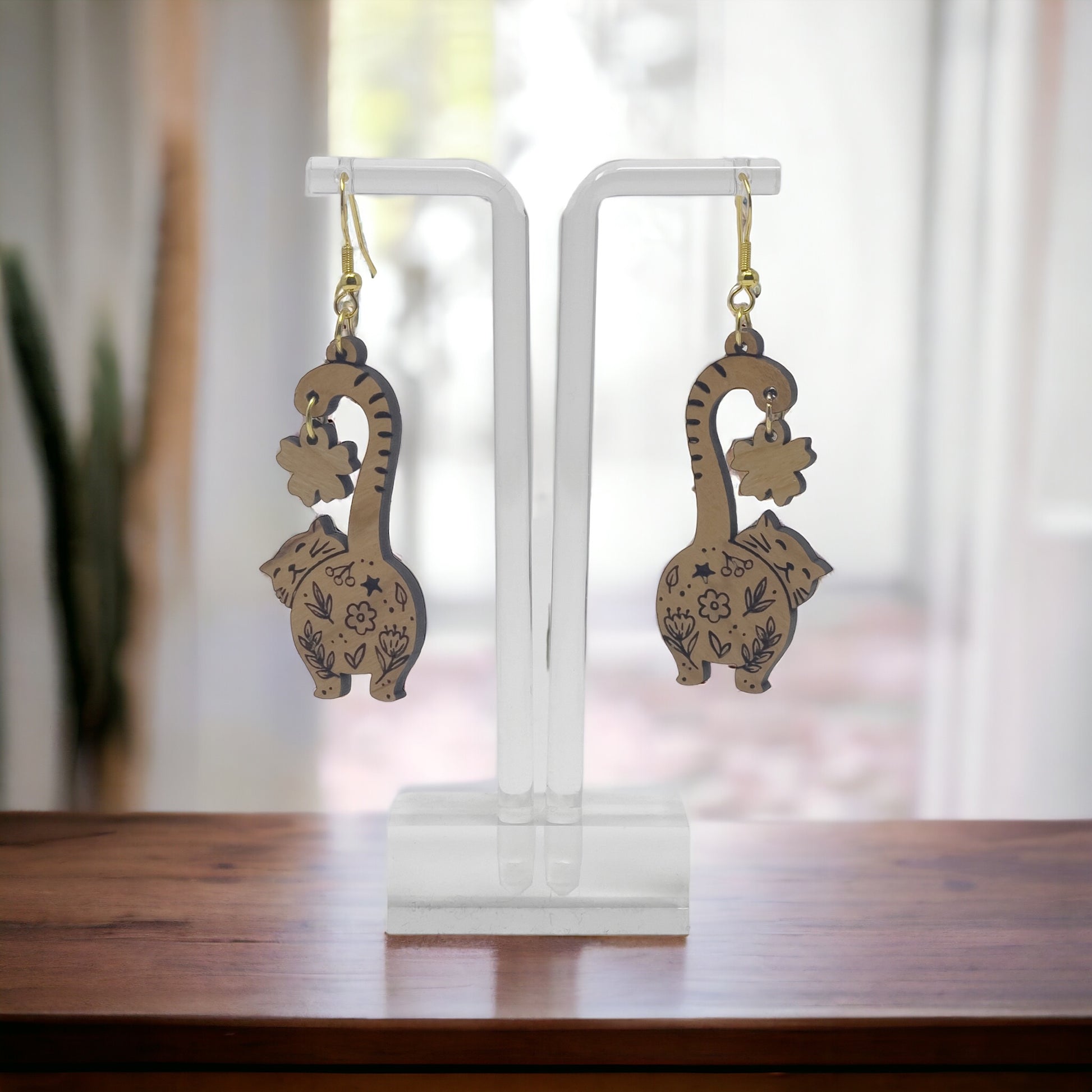 Cat Earrings, Wood Dangle Flower Earrings, Cute Feline Spring Gifts for Cat Lover Girlfriend, Adorable Animal Jewelry, Womens Earring Sets