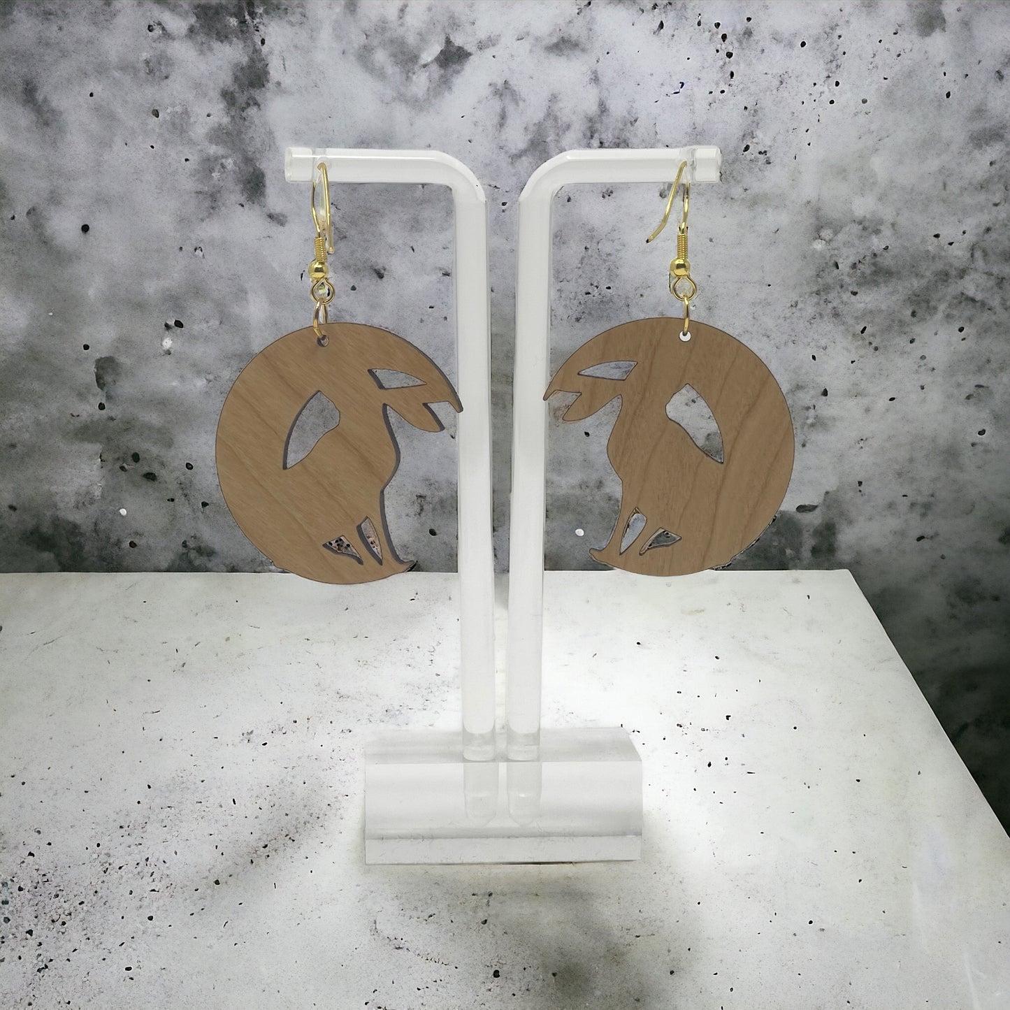 Easter Bunny Wood Crescent Moon Star Earrings, Personalized Handcrafted Dangle Earrings, Customizable Cute Gifts for Rabbit Lover Girlfriend