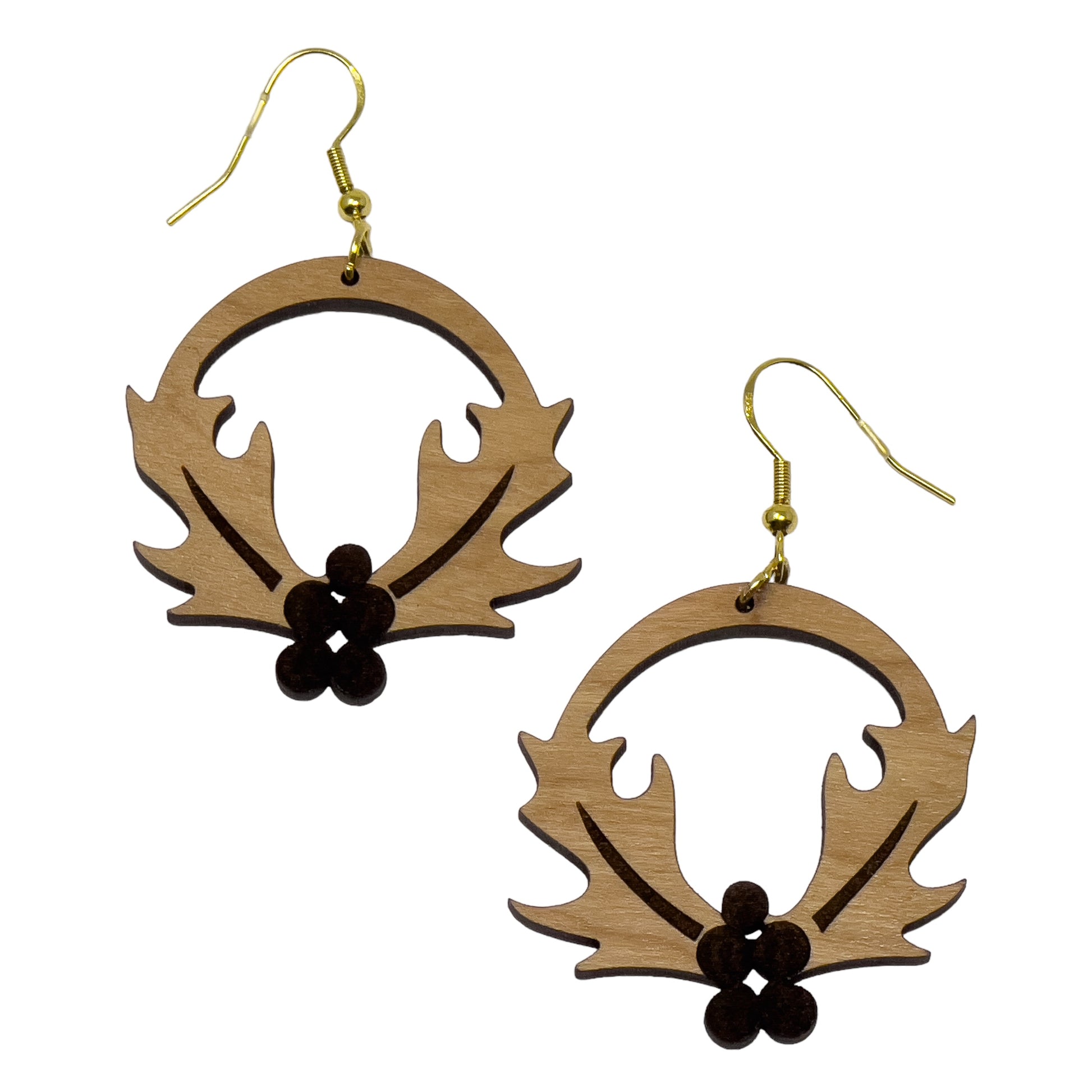 Wooden Holly Wreath Earrings – Holiday Leaf & Berry Laser Cut Jewelry