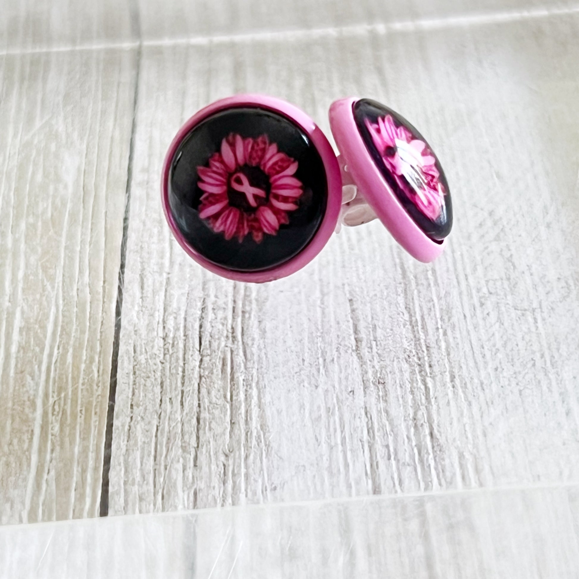 Pink Flower & Ribbon Stud Earrings – Breast Cancer Awareness Jewelry