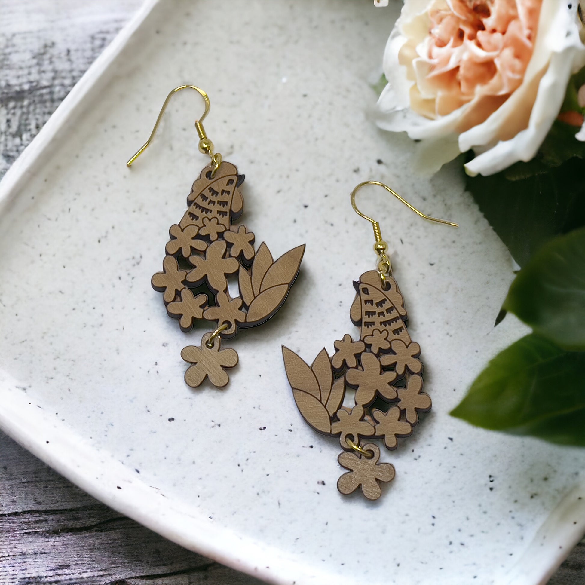 Floral Chicken Wood Earrings – Boho Farmhouse Nature Jewelry