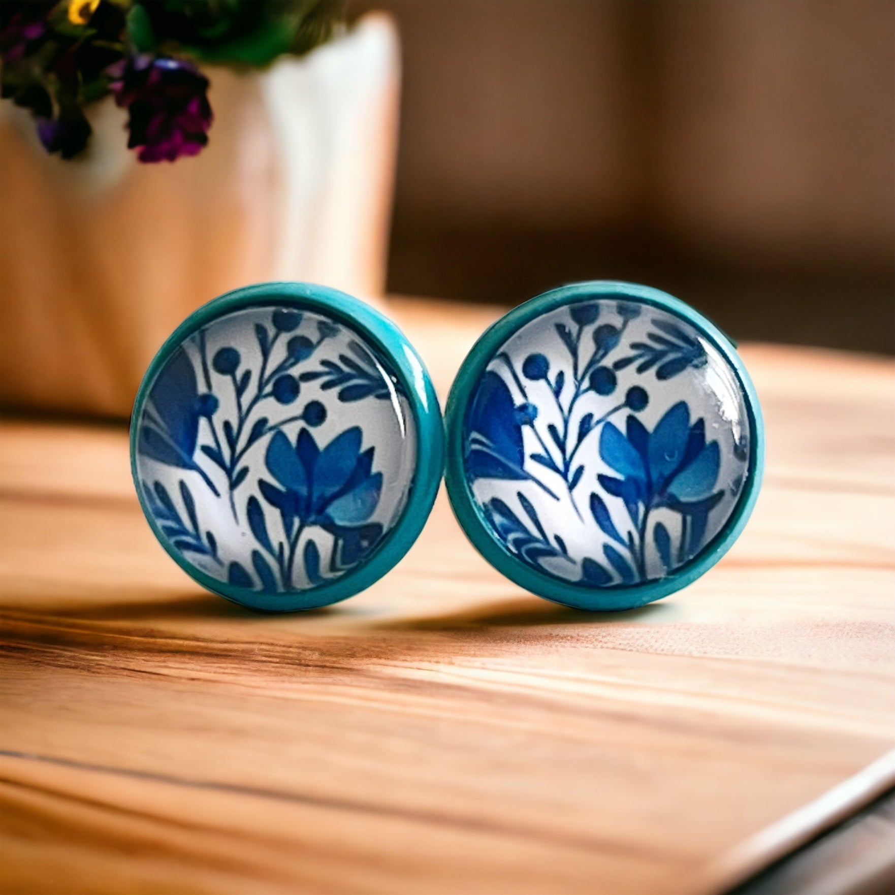 Blue Floral Stud Earrings – Round Botanical Jewelry in Teal Bezel