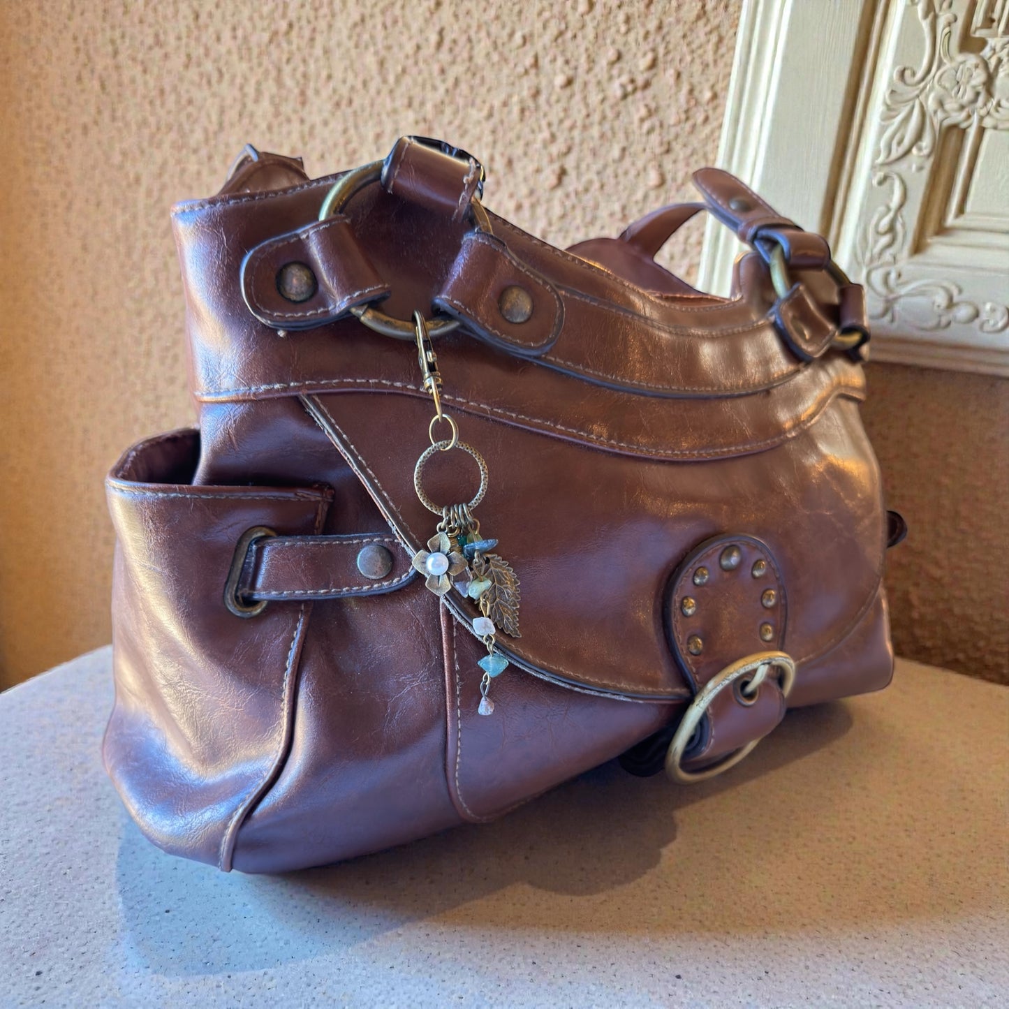 Earthy Leaf Gemstone Purse Charm – Boho Nature Keychain for Her