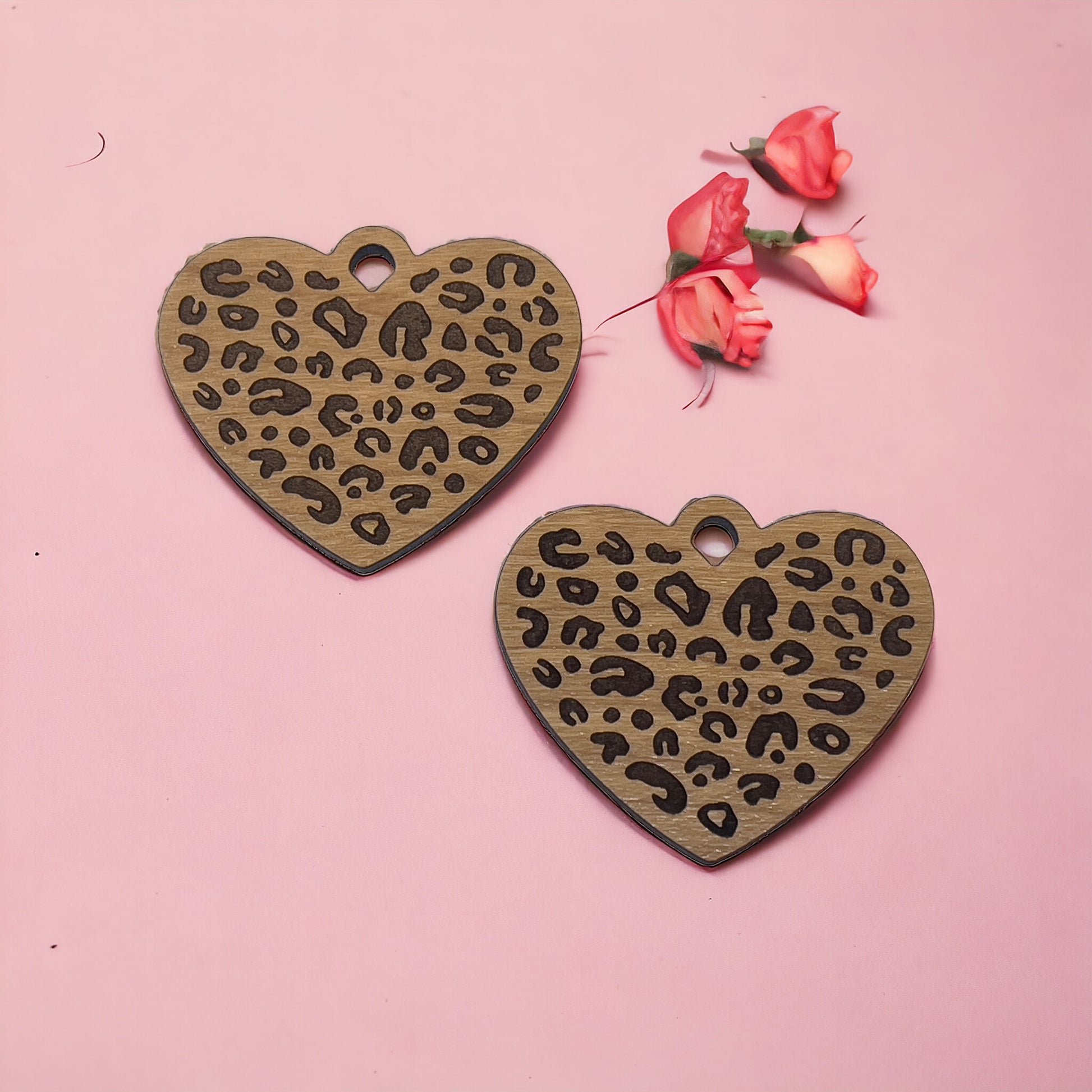 Animal Print Heart Wood Earring Blanks - Laser Cut Wholesale Findings for Bulk Earring Parts | Finished Cheetah Dangle Earrings