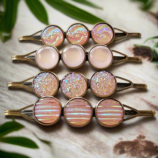Pink Glitter Druzy Hair Pins - Set of 4 with Unique Pattern Designs