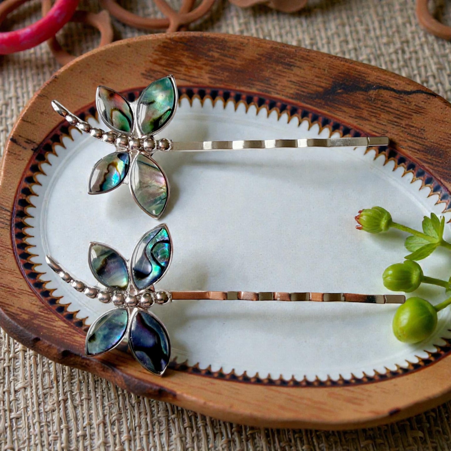 Abalone & Silver Dragonfly Hair Pin Set – Natural Shell Bobby Pins for Women