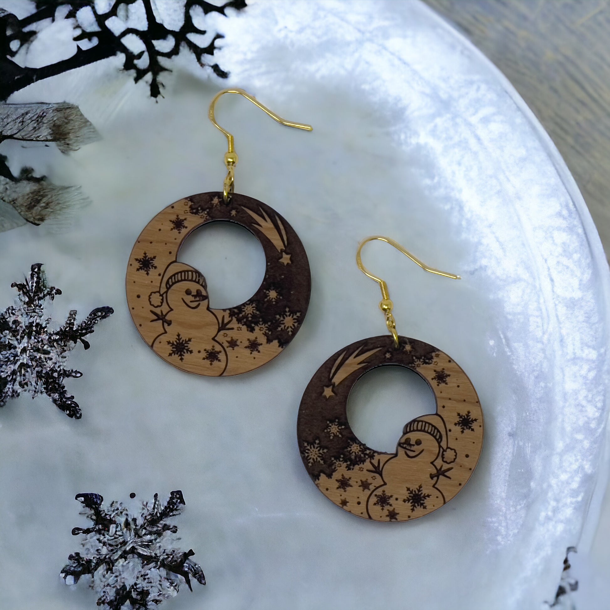 Snowman Moon Wood Earrings – Handmade Winter Holiday Jewelry