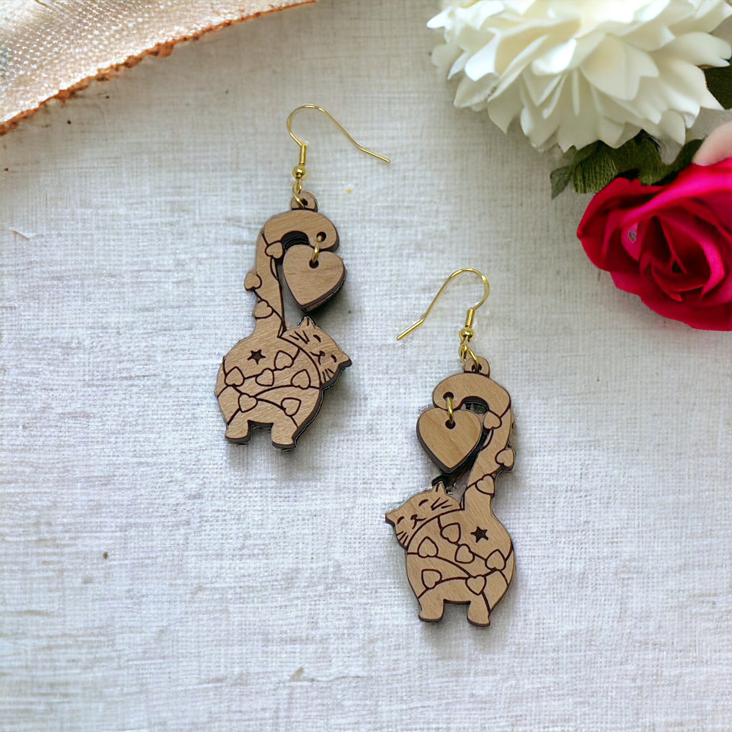Heart Cat Dangle Earrings – Whimsical Love-Themed Wooden Jewelry