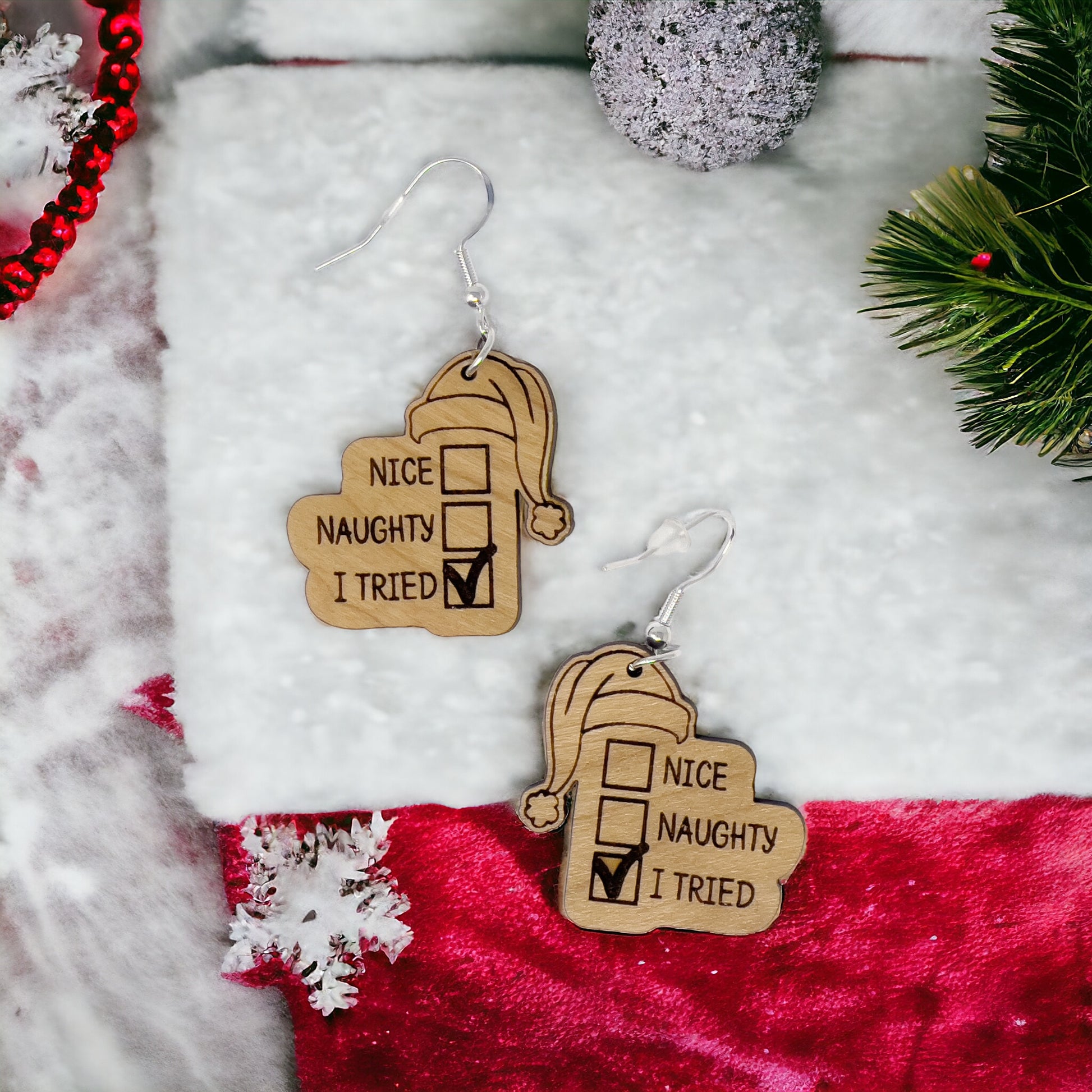 Funny Holiday Checklist Earrings – “I Tried” Santa Hat Wood Earrings