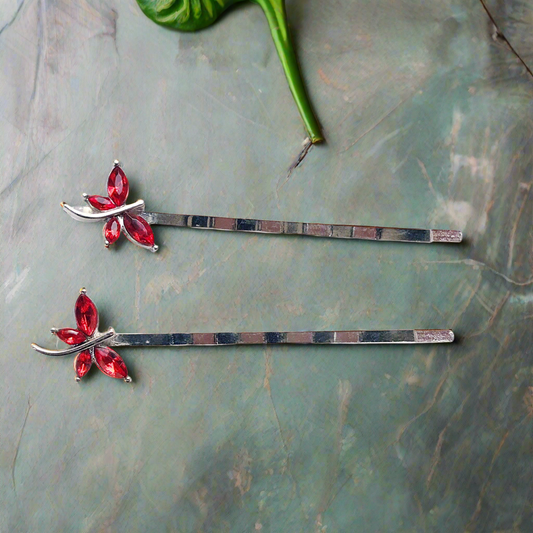 Red Rhinestone Dragonfly Hair Pins - Delicate Whimsical Accents
