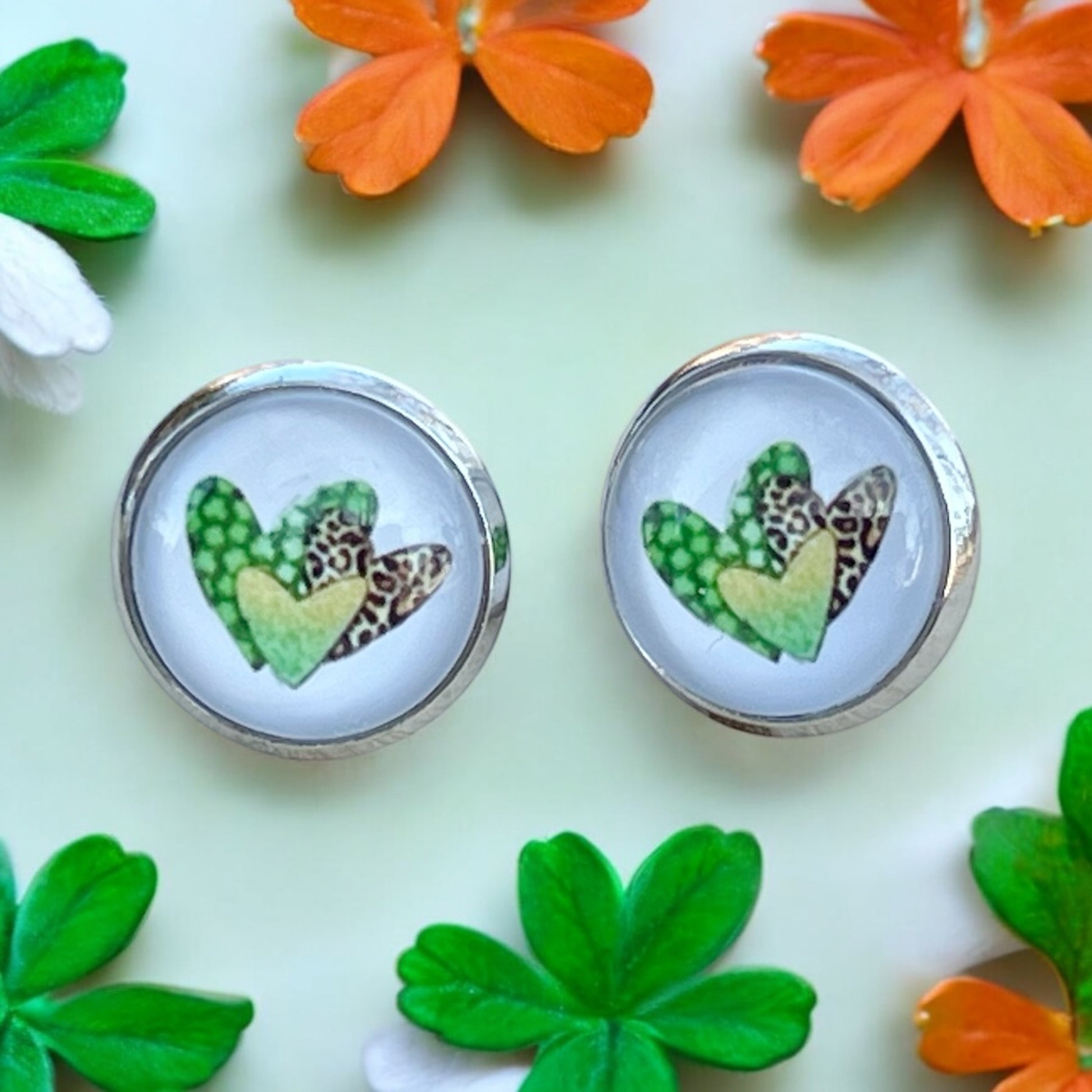 Animal Print Heart Stud Earrings – Handmade Silver Jewelry