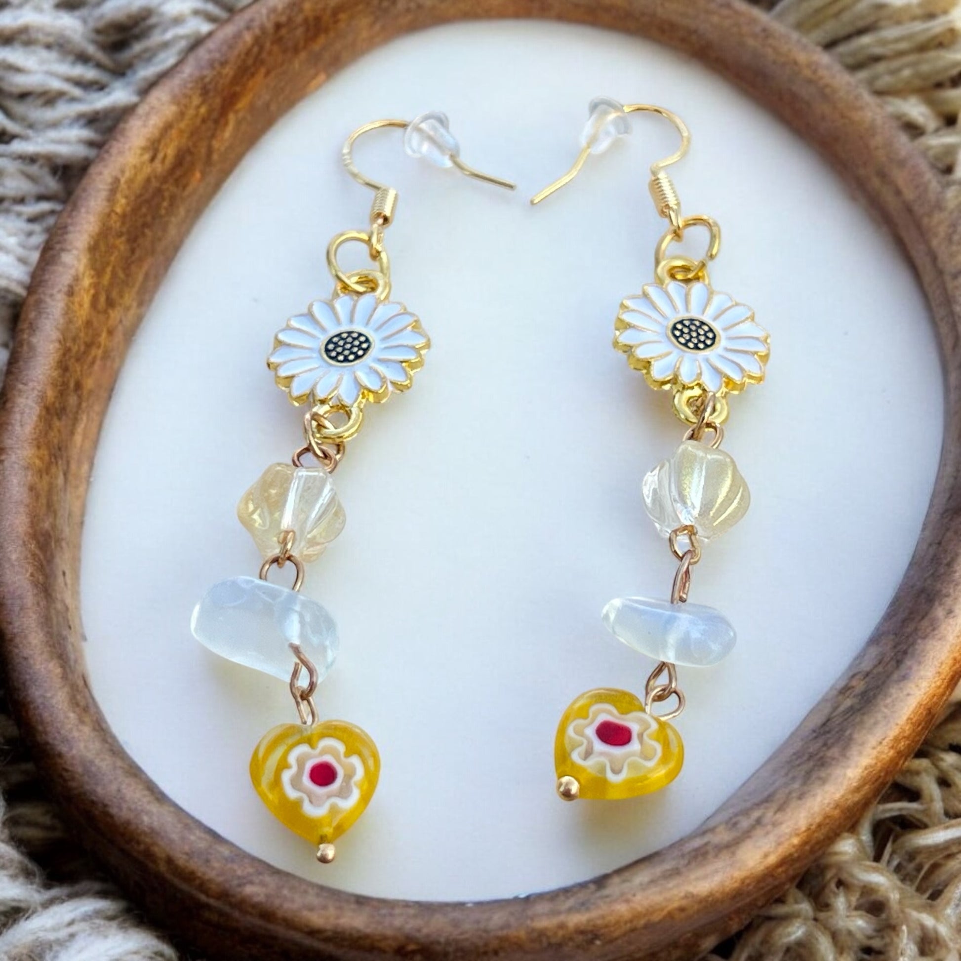 Daisy & Heart Dangle Earrings – Handmade Boho Drop Jewelry