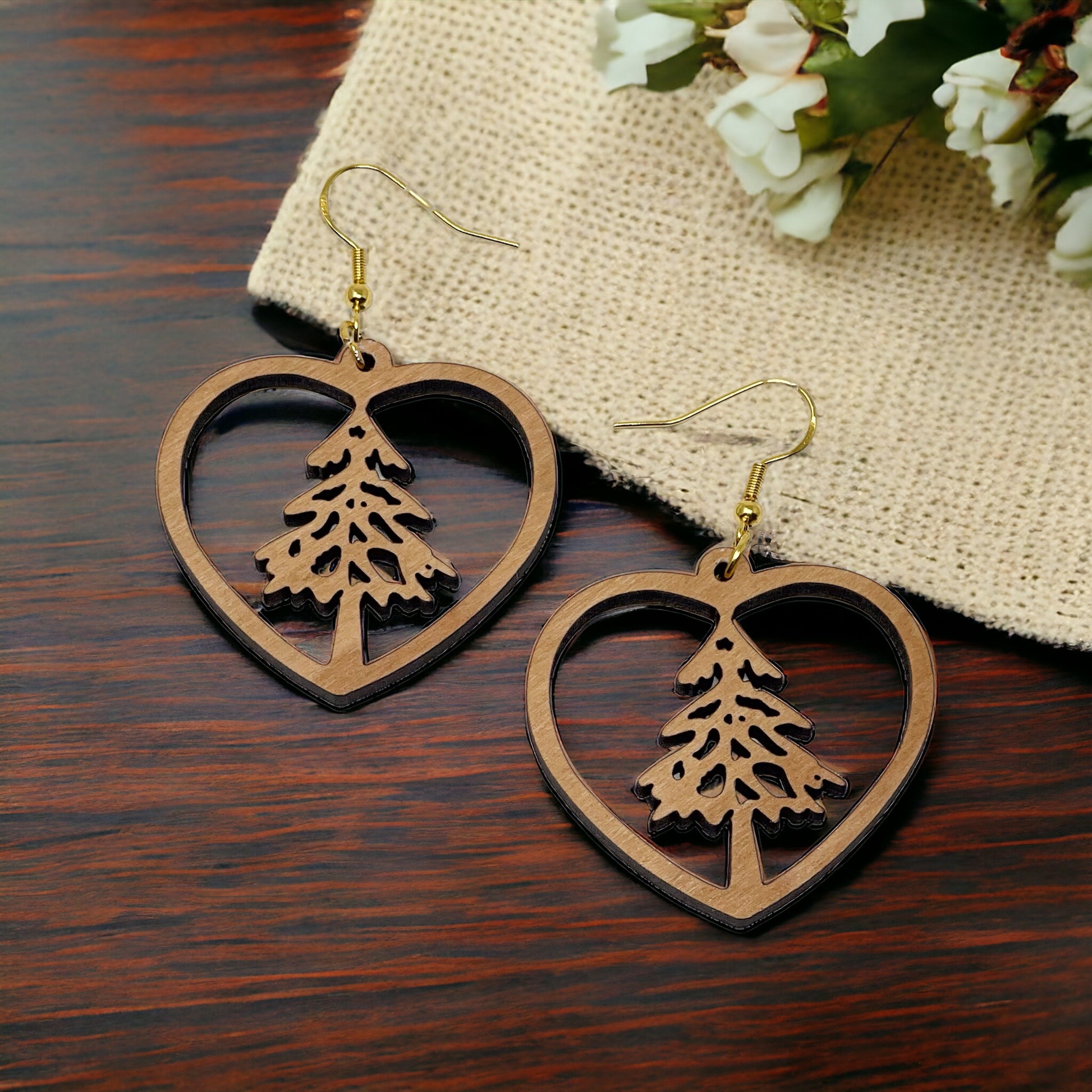 Heart Tree Cutout Earrings – Wooden Christmas Forest Dangles with Gold Hooks