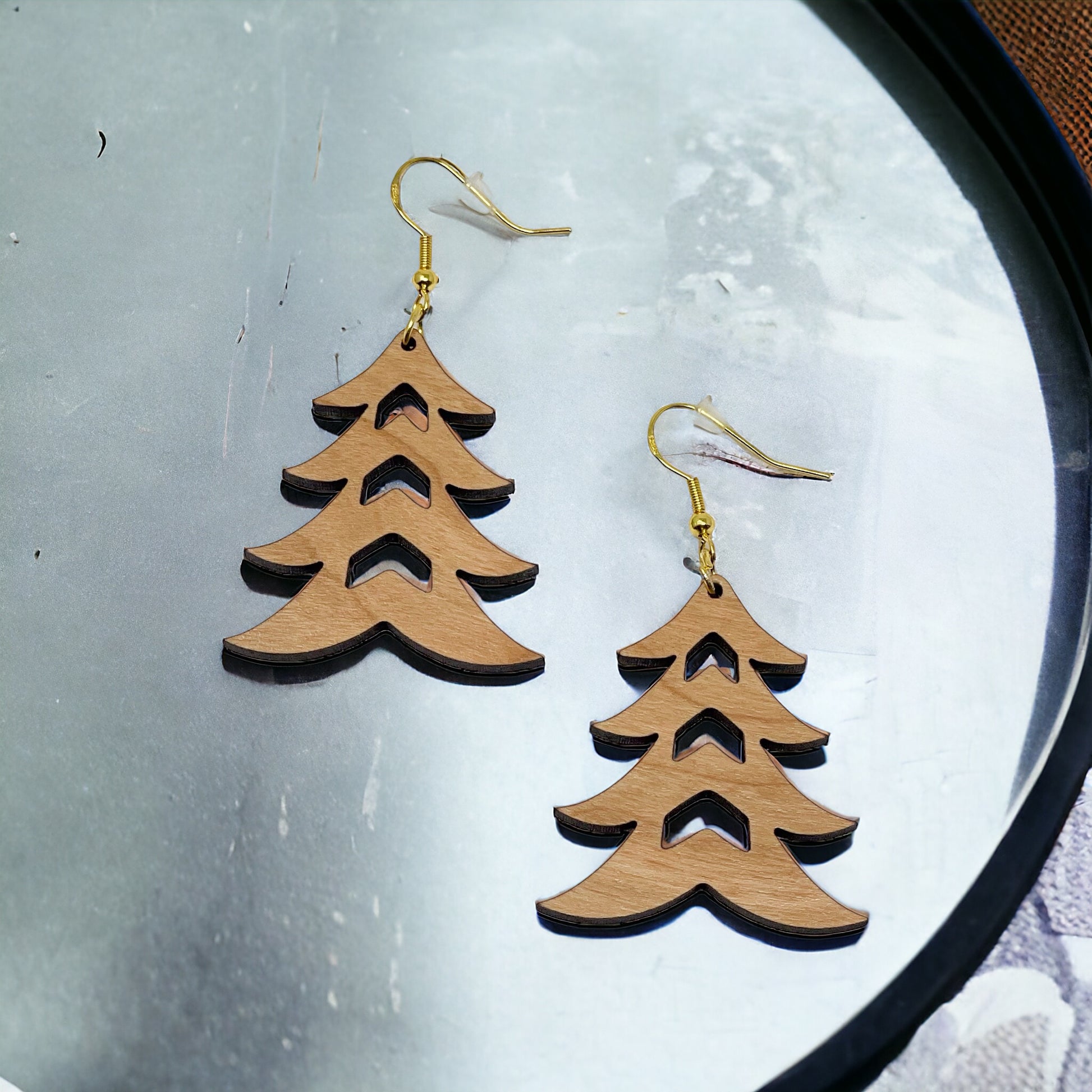 Rustic Tree Cutout Earrings – Wooden Christmas Tree Dangle Earrings