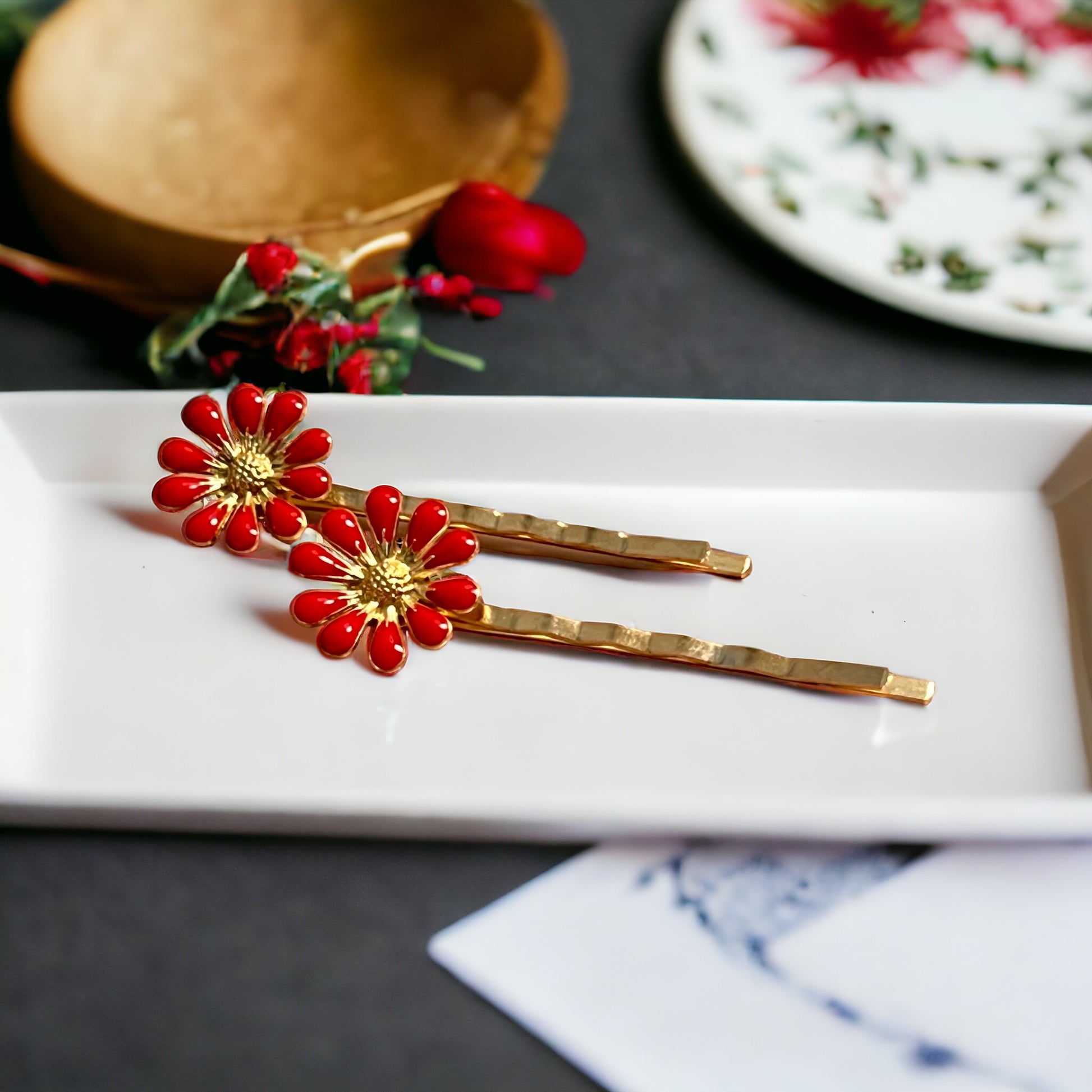 Red Wildflower Hair Pins – Set of 2 Cottagecore Accessories