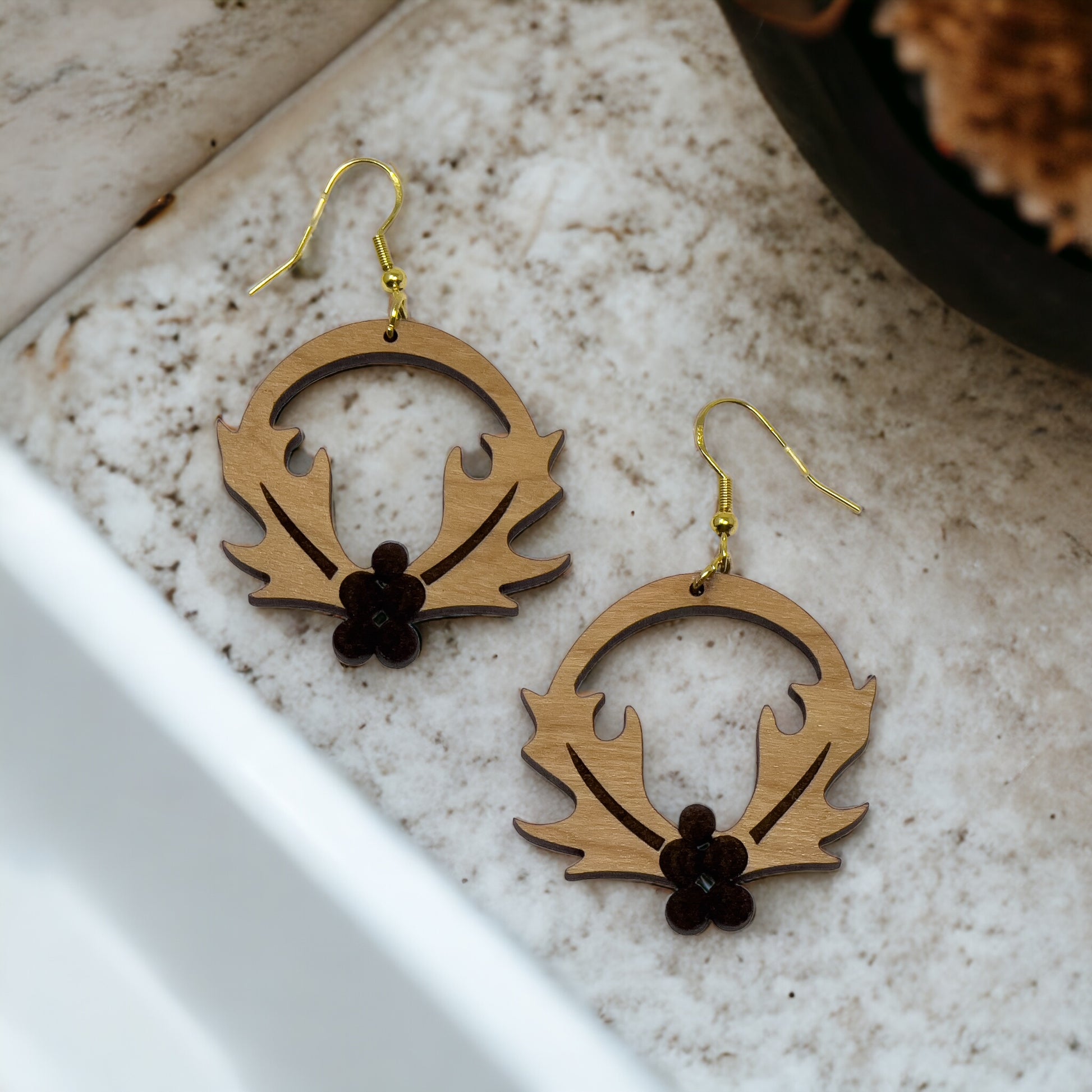 Wooden Holly Wreath Earrings – Holiday Leaf & Berry Laser Cut Jewelry