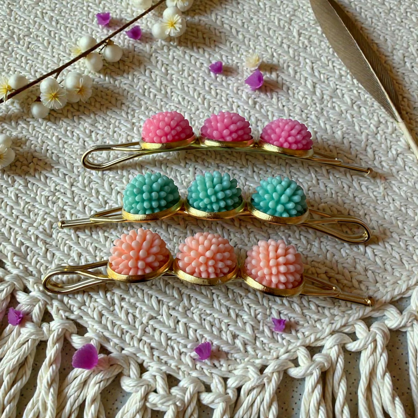 Pastel Pom Pom Flower Hair Pins – Pink Mint Peach Gold Bobby Pins