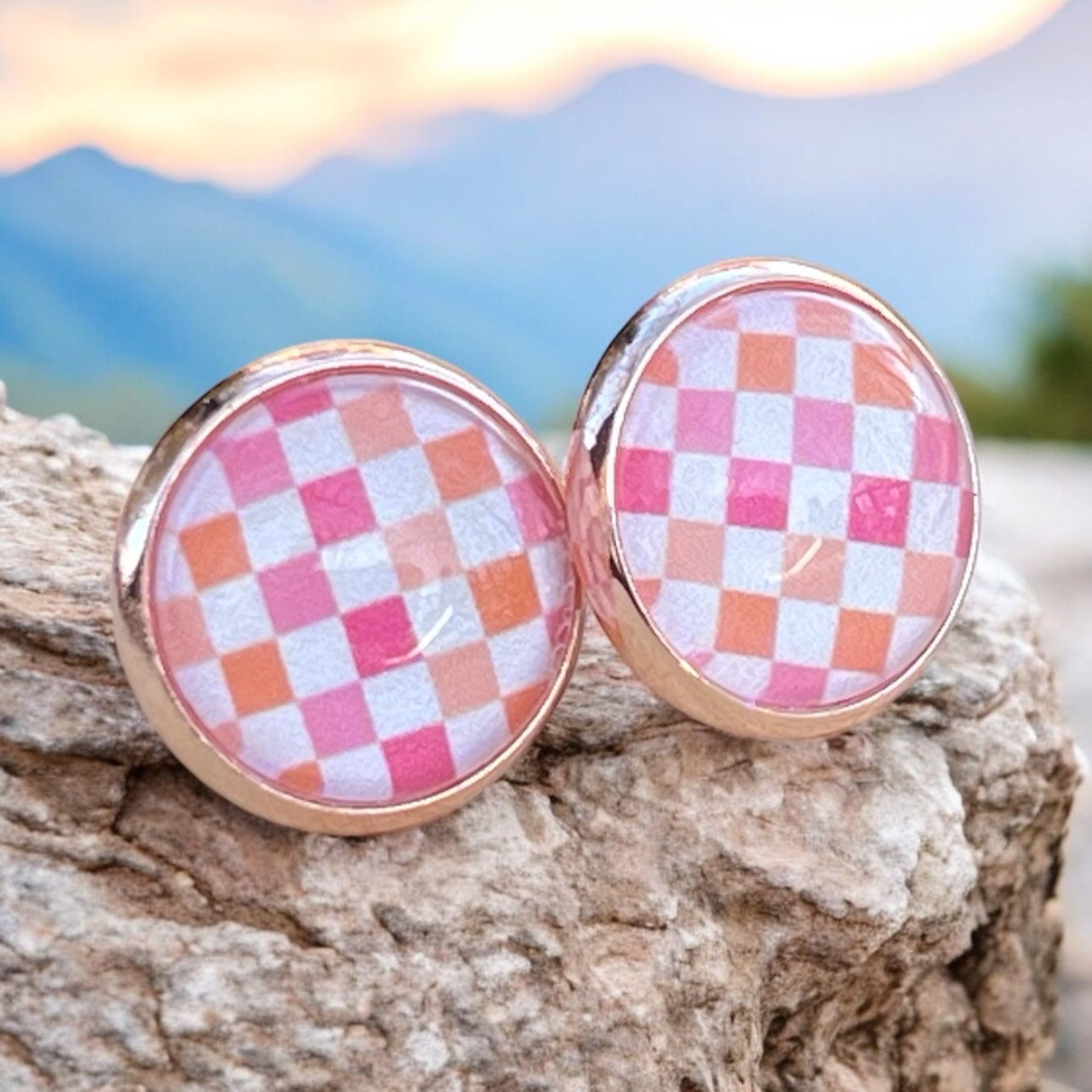 Pink & Orange Gingham Stud Earrings – Handmade Spring Jewelry