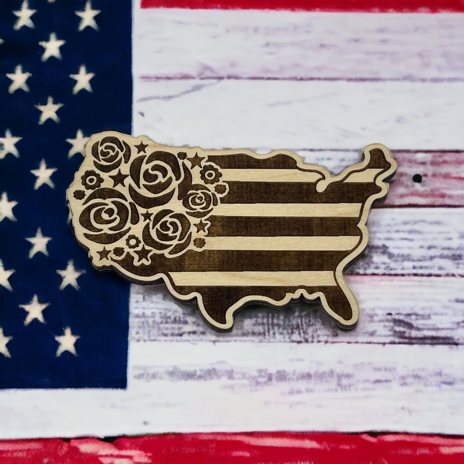 USA Shaped Magnet for Home Work School Office, Patriotic Decor Gift, Floral United States Flag Paintable Magnet, Boho Flower Wood Decoration
