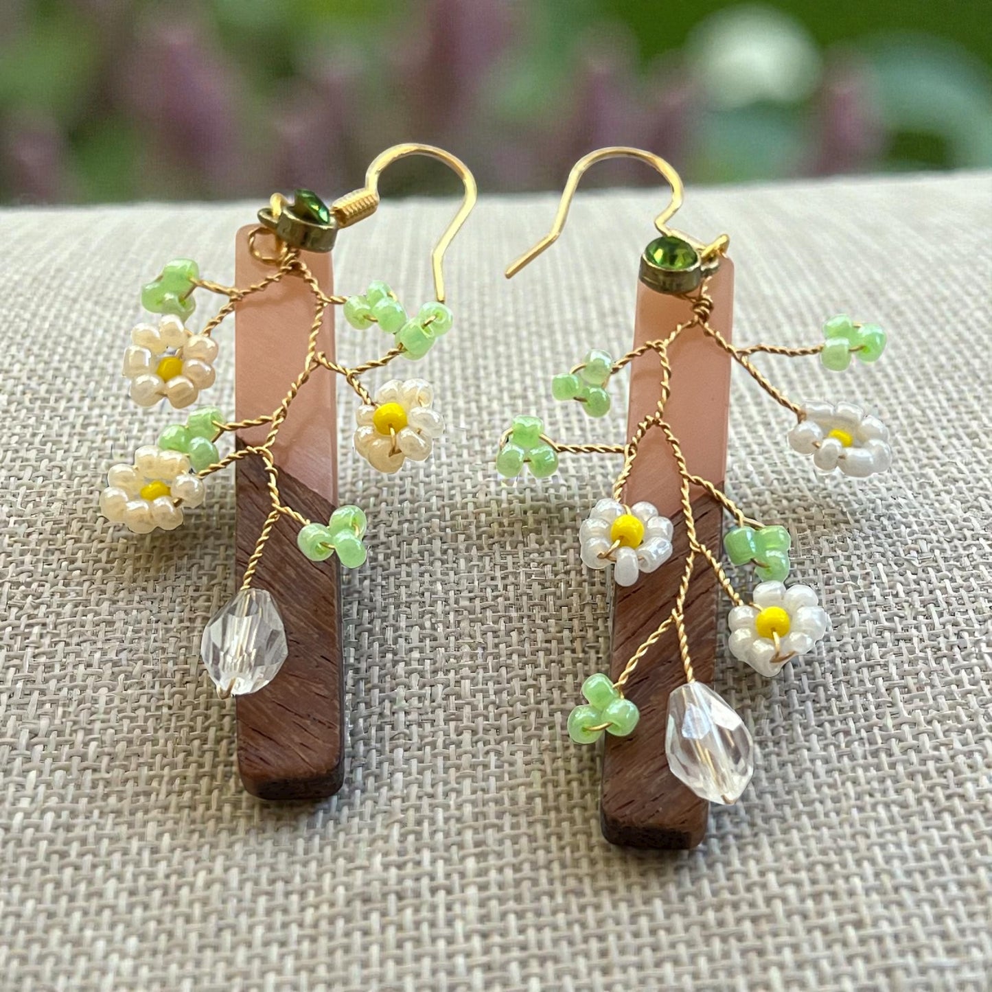 Daisy Vine Wood & Blush Bar Earrings – Boho Nature Dangle Jewelry