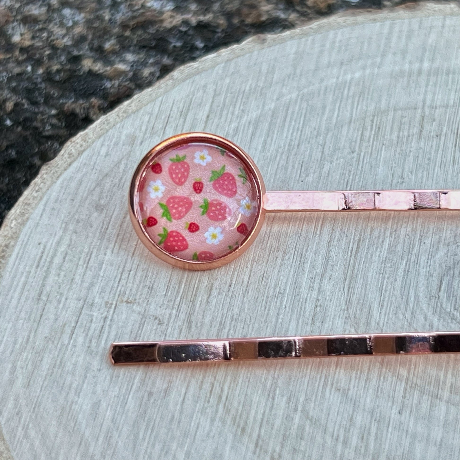 Pink Strawberry Hair Pins – Set of 2 Rose Gold Fruit-Inspired Accessories