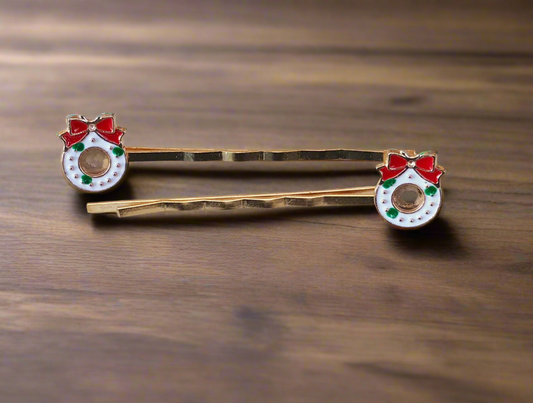 White Christmas Wreath Hair Pins - Festive Holiday Accessories