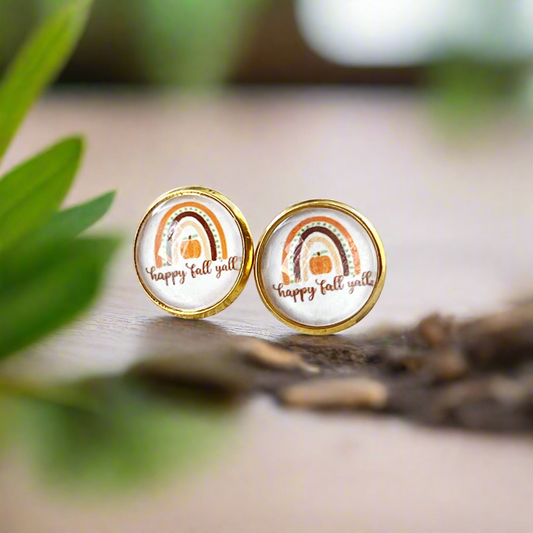 Boho Rainbow Happy Fall Y’all Gold Stud Earrings - Colorful & Festive Autumn Accessories