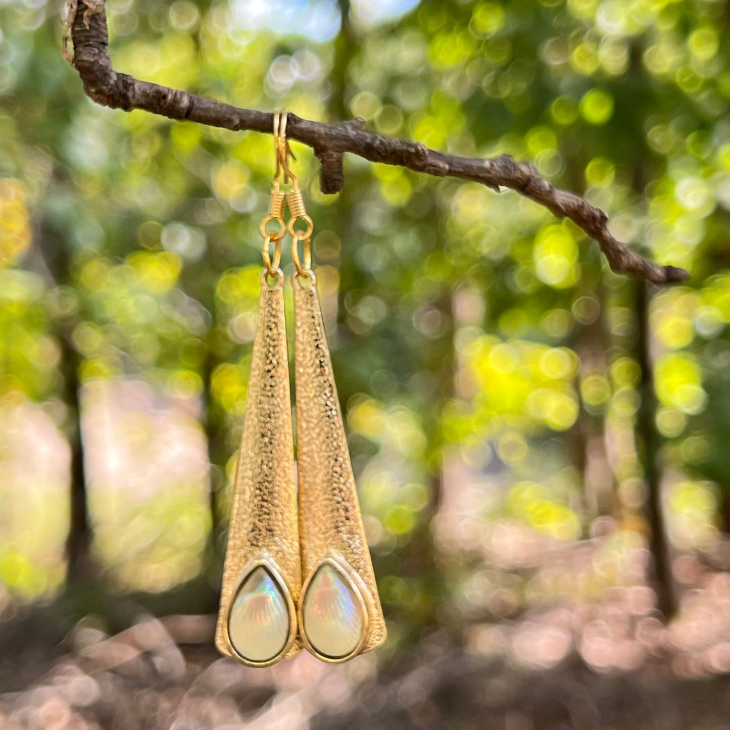 Textured Gold Teardrop Earrings – Iridescent Shell Dangles