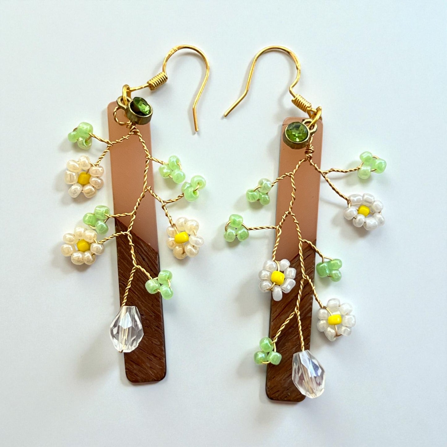 Daisy Vine Wood & Blush Bar Earrings – Boho Nature Dangle Jewelry